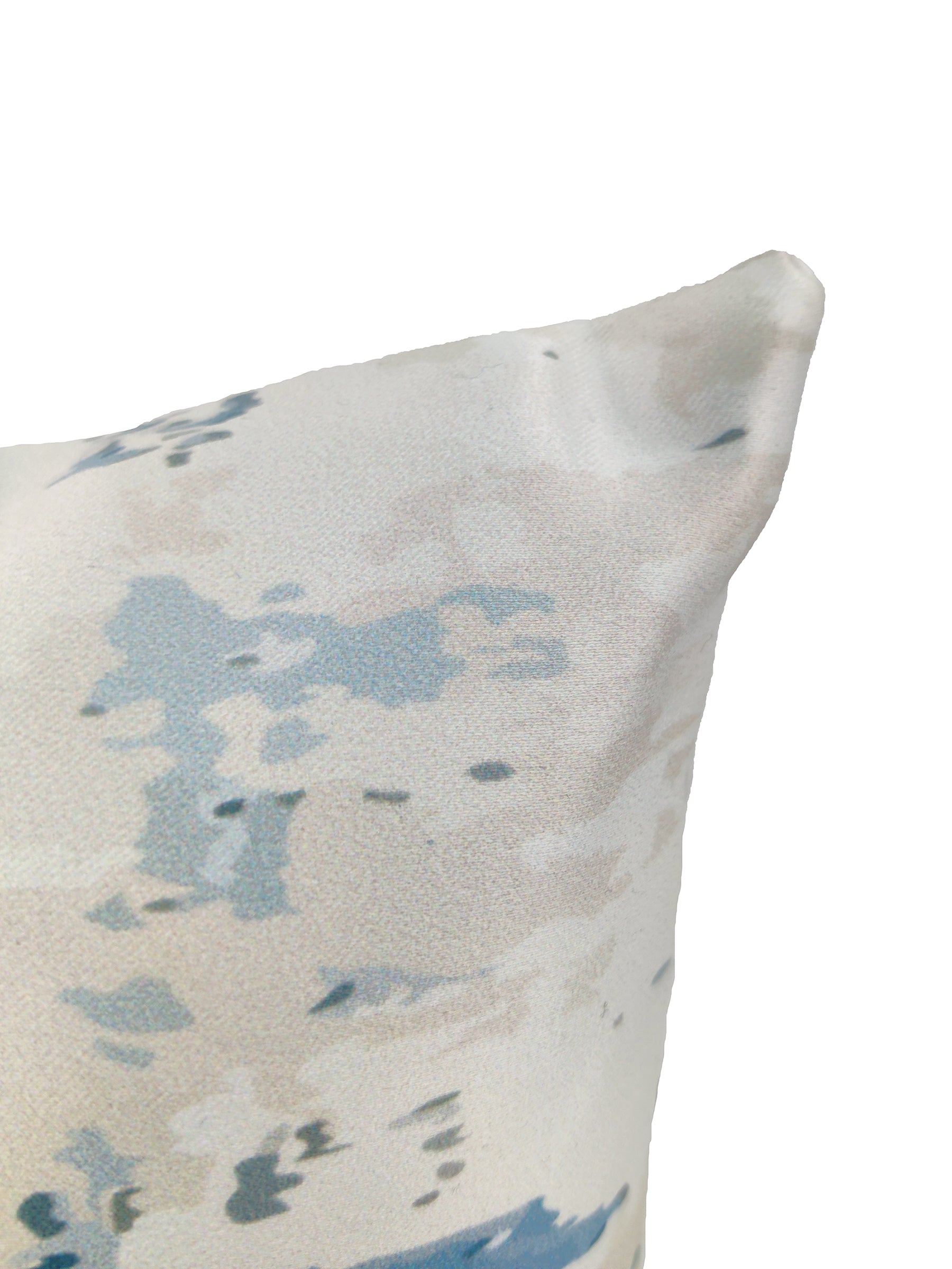 Close-up of the RAMSHA HOME Polyester Cushion Gradient Print cs-246, showcasing a soft, abstract pattern in light blue, beige, and gray on a white background. Includes insert.
