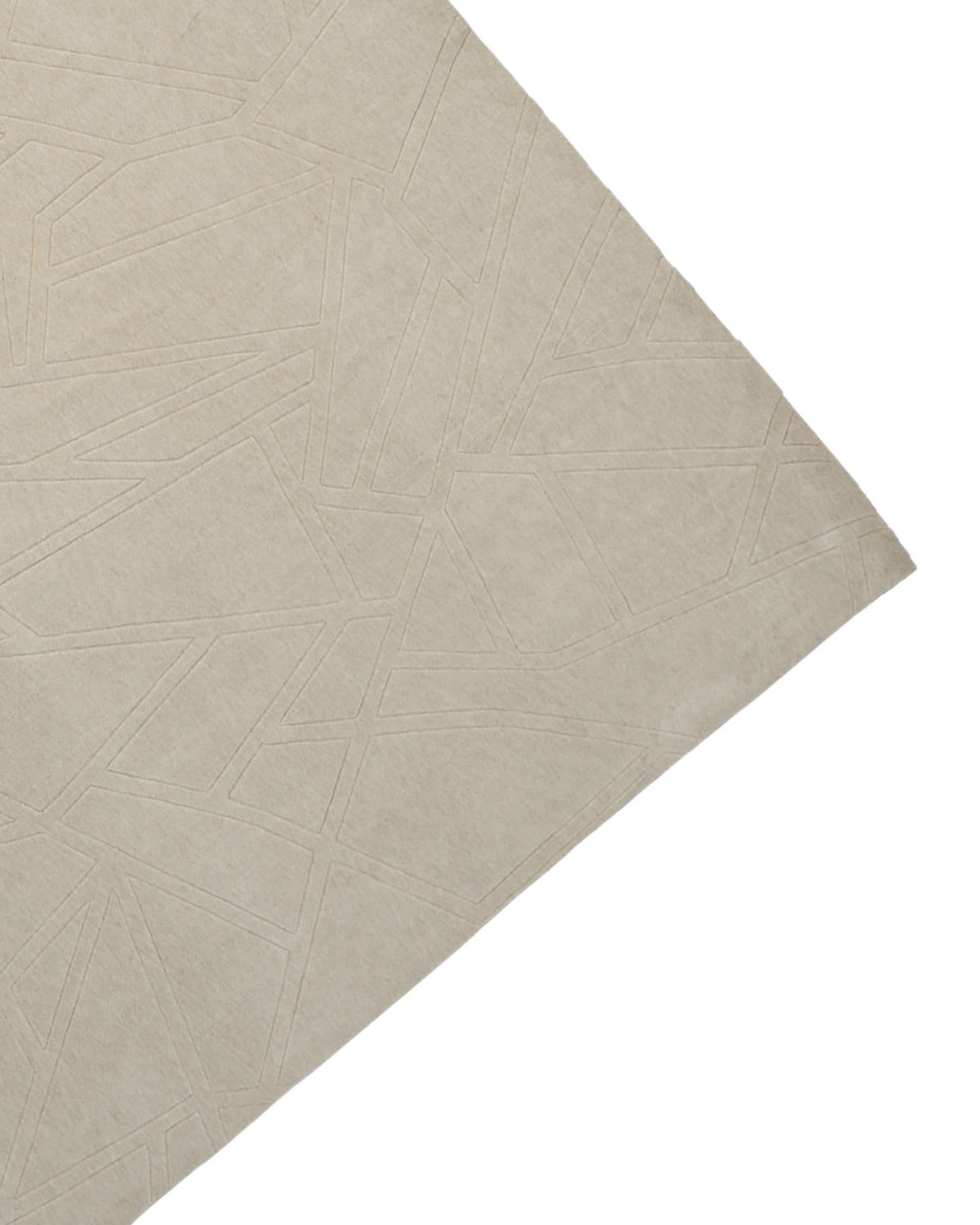 A corner of the RAMSHA HOME Rectangle Home Decor Cream Color Handmade Area Rug (300x400 cm, model LKH-045) is shown, featuring subtle overlapping geometric line patterns against a white background.
