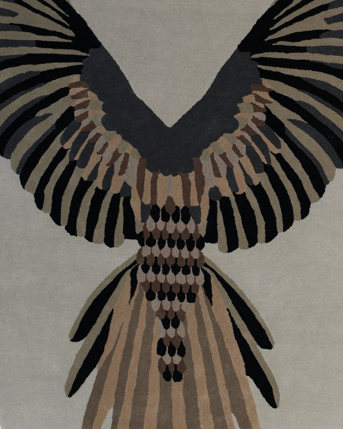 Symmetrical and stylized illustration of outstretched bird wings in shades of black, brown, and beige on a light gray background, reminiscent of the Unshape Handmade Multi Color Rug HTW-82 by RAMSHA HOME, with a design that focuses on the intricate feathers and wing details.