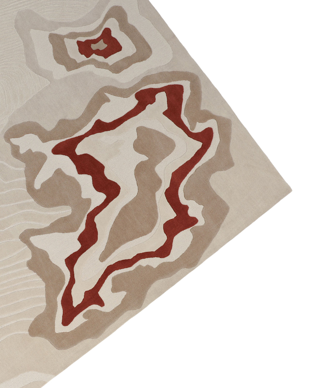 The RAMSHA HOME Modern Handmade Carpet 300x400 Multi – HTW-120 showcases a contemporary abstract design with topographic patterns in beige, tan, and rust-red irregular shapes. Hand tufted from premium wool, this carpet is pictured from a corner angle against a white background.