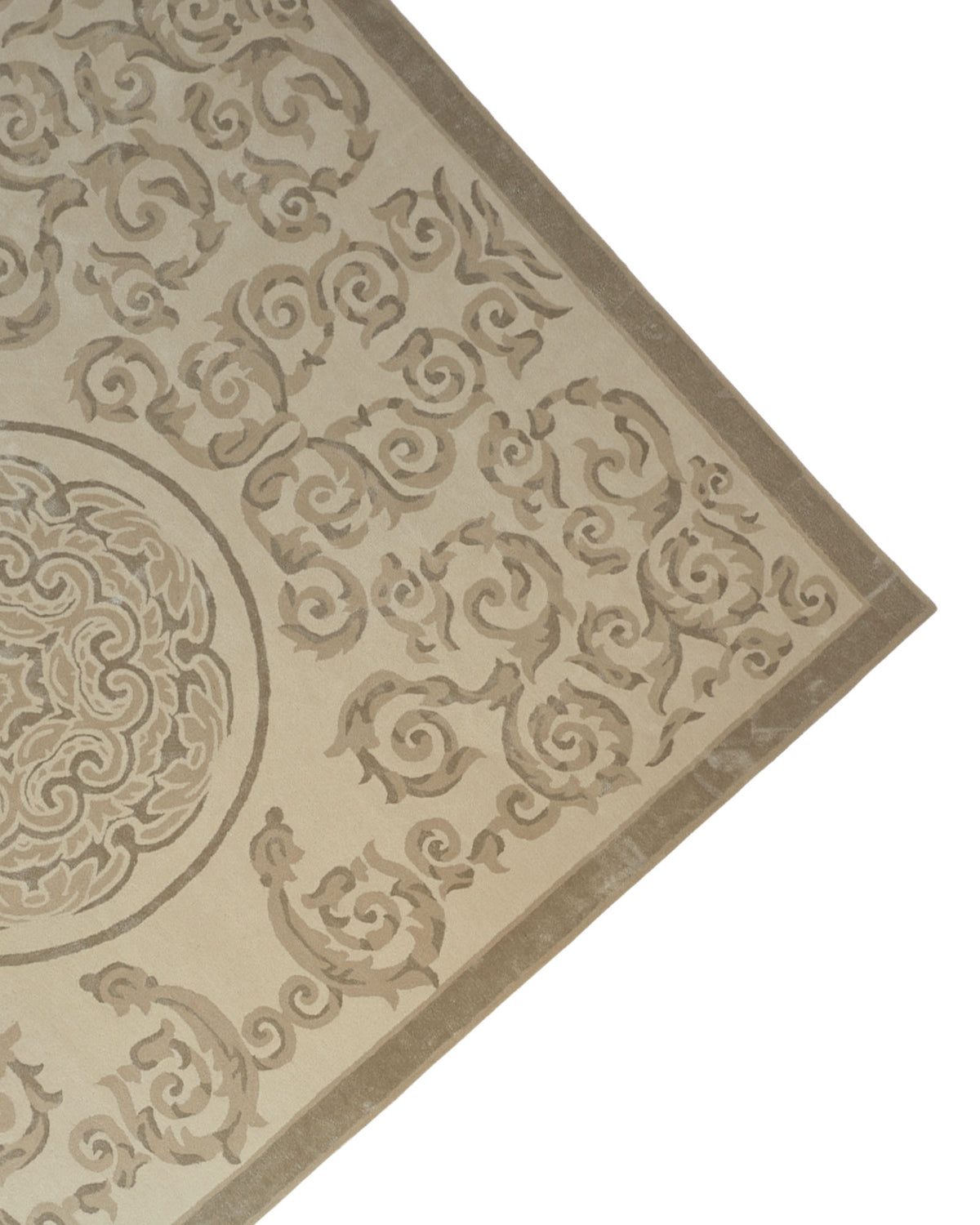 Corner of the Amazing Multi Color Modern Floor Rug - HTWV 57 (300x400cm) by RAMSHA HOME, featuring intricate, swirling floral patterns and a decorative circular motif reminiscent of a traditional medallion rug, set against a white background.