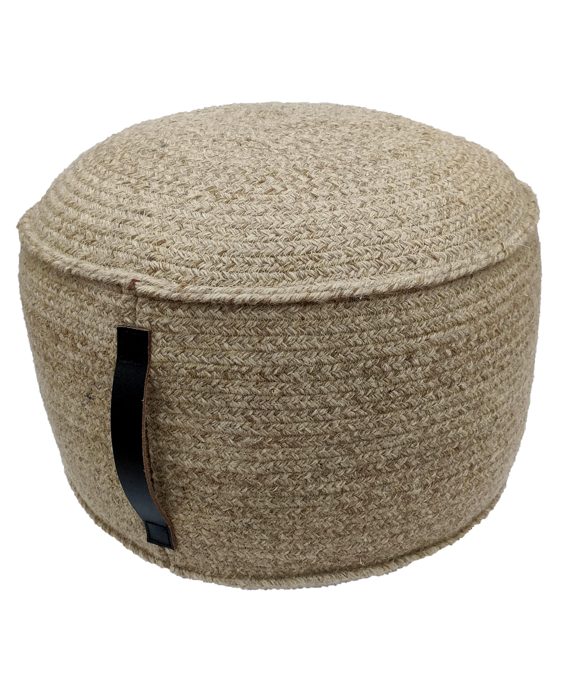 Natural Wool Pouf With Leather Handle PF-052