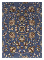 The Handmade Blue Persian Wool Carpet 300x400 cm by RAMSHA HOME (HTW-15) features a rectangular hand-tufted design with symmetrical floral and vine patterns in brown, beige, and cream—an elegant blue rug for any room.