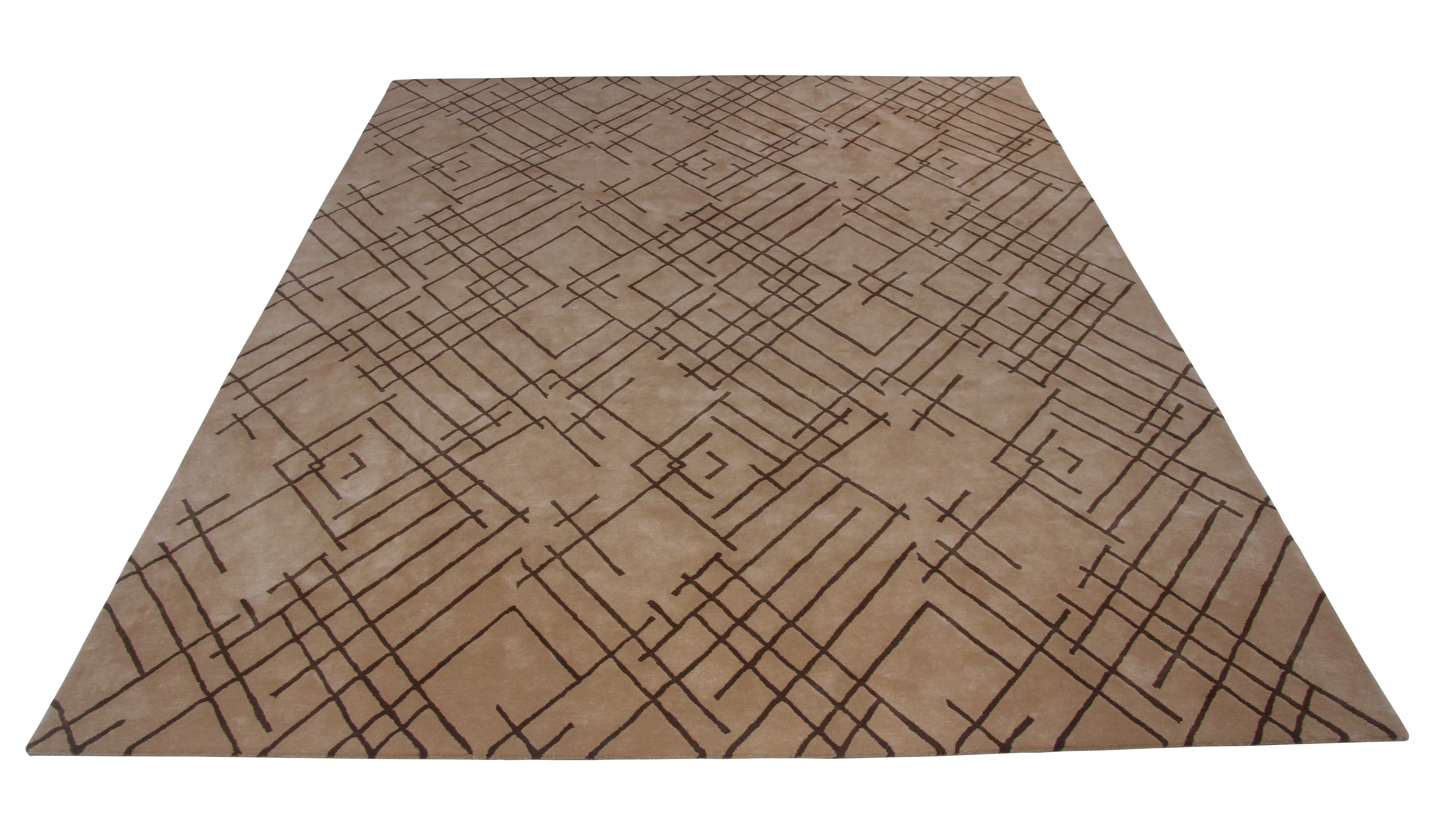 The RAMSHA HOME Modern Home Decor Handmade Carpet – HTW-50 is a hand-tufted wool rug with a beige base and abstract dark brown intersecting lines in a diamond pattern, making it a stylish brown area rug for any space.