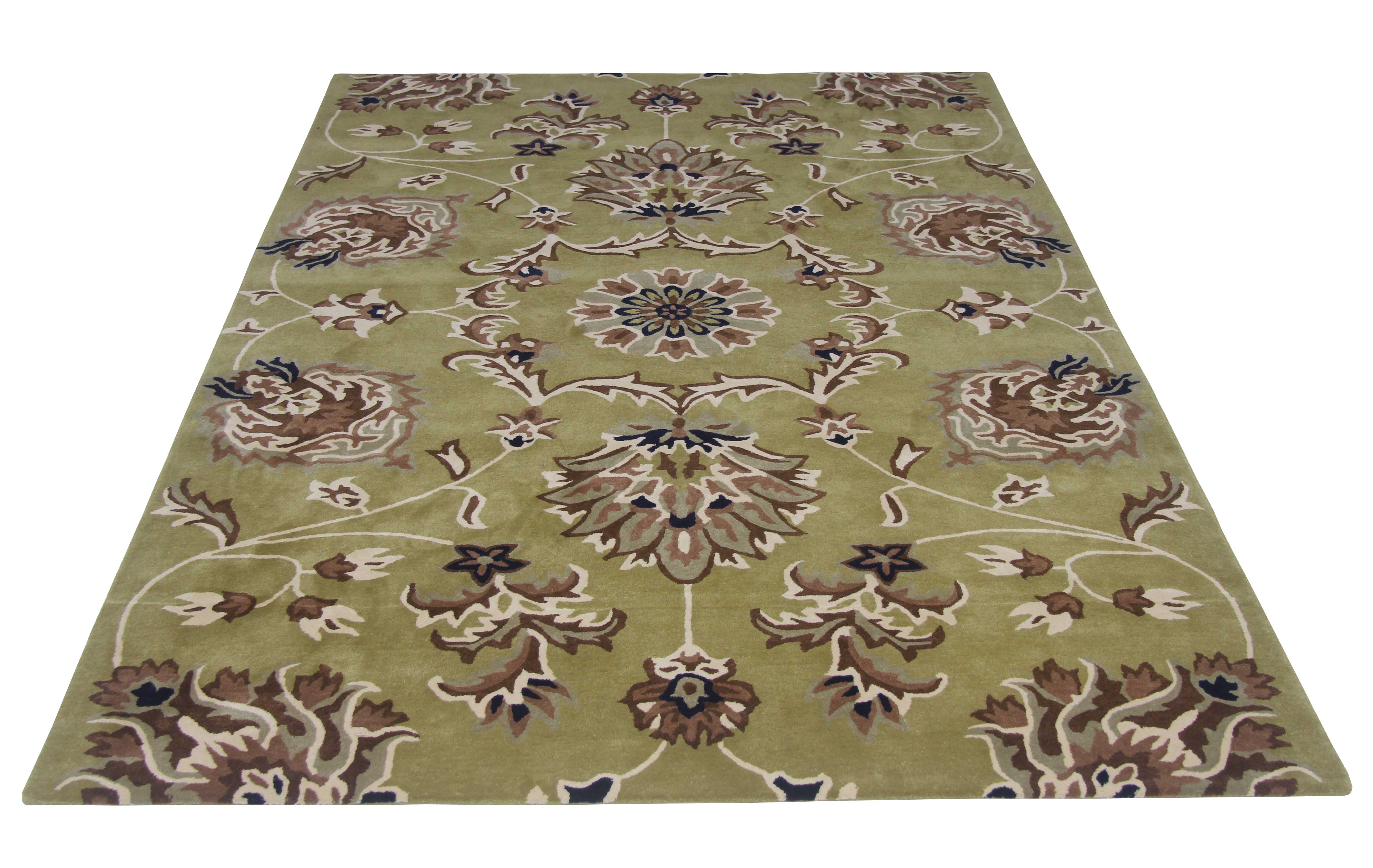 The RAMSHA HOME "Home Decor Multi Color Handmade Rug - HTW 10 (200x300 cm)" is a hand-tufted wool area rug with an olive green base, adorned with ornate floral and vine patterns in brown, beige, navy, and cream for a traditional look.