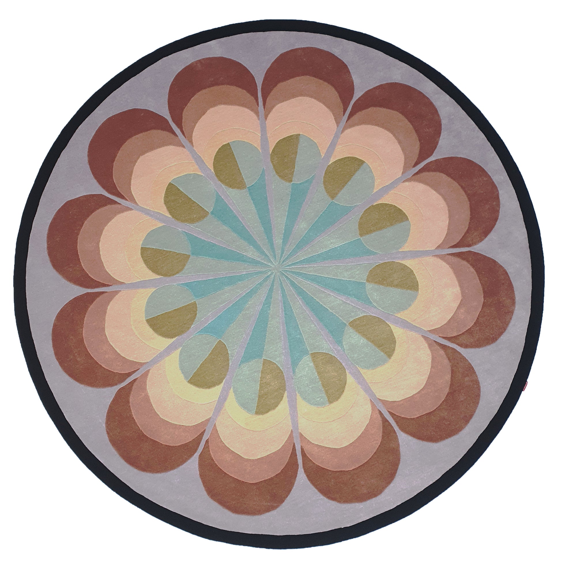 The Handmade Carpet for Bedroom Decor – HTW-54 by RAMSHA HOME is a modern round wool rug with a symmetrical, flower-like design in brown, pink, yellow, and teal petals radiating from the center, bordered by a dark edge. Hand-tufted for durability and style.