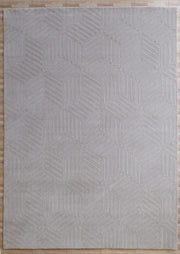 The RAMSHA HOME Light Grey Handmade Area Rug (300x400 cm, LKH-044) features a subtle geometric interlocking cube and line pattern, perfect for placement on light wooden floors.