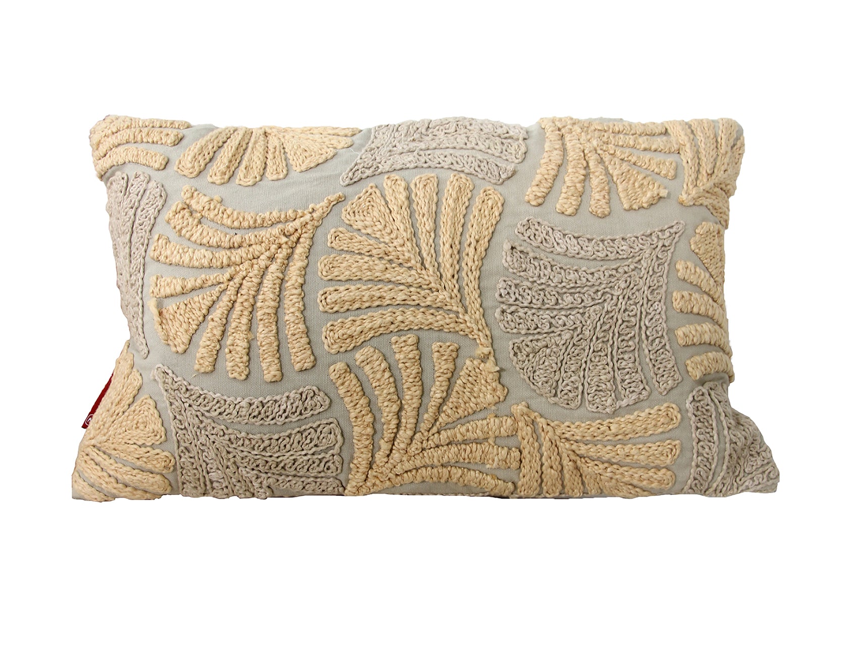 The RAMSHA HOME Multi Color Embroidery Cotton Cushion CS-263 is a rectangular pillow with a light beige cover, featuring cream and tan raised leaf motifs in a symmetrical embroidered design.