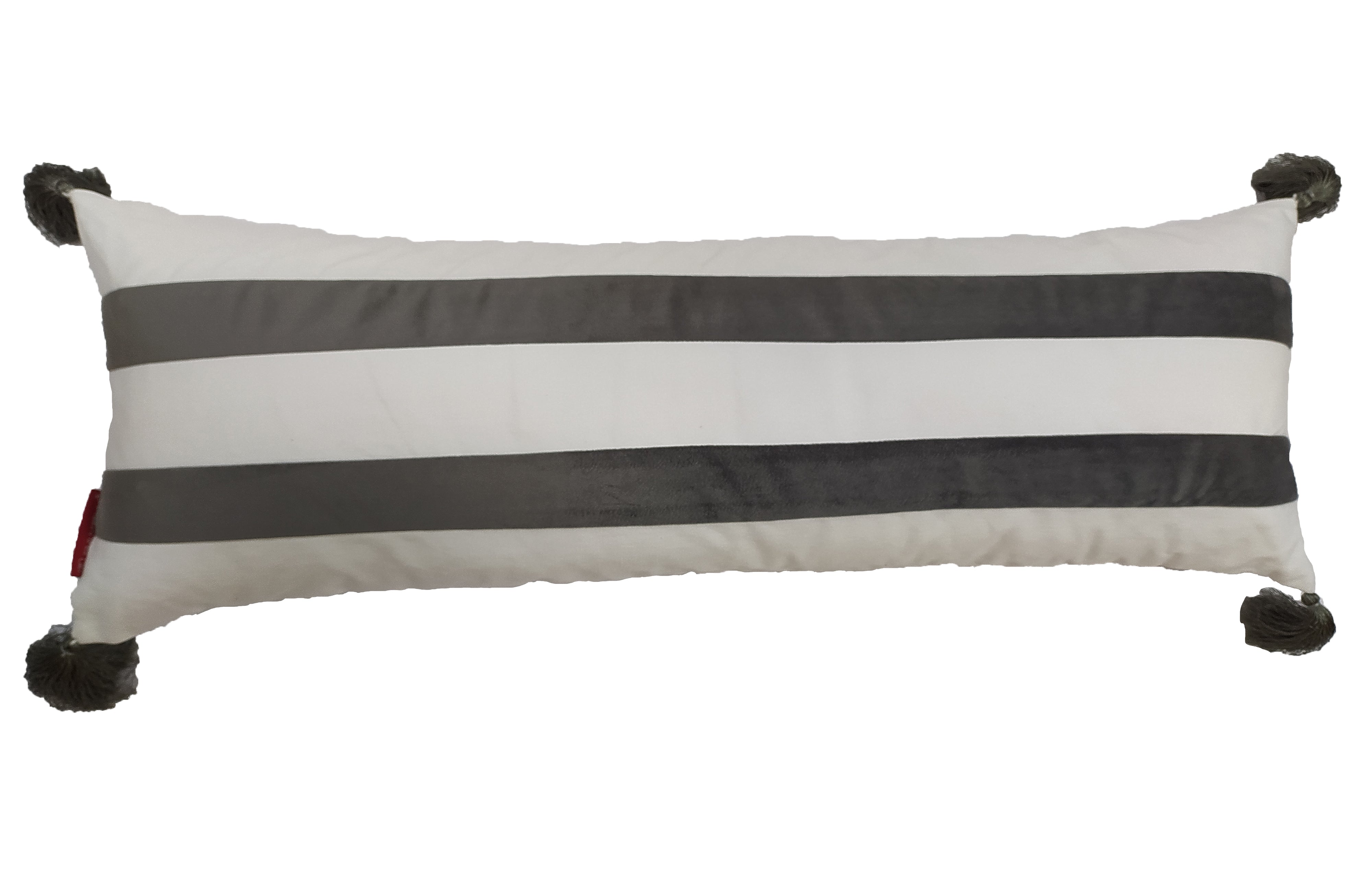 The CS-139 White & Grey Cushion by RAMSHA HOME is a modern rectangular polyester cushion with two horizontal dark gray stripes and tassels on each corner.