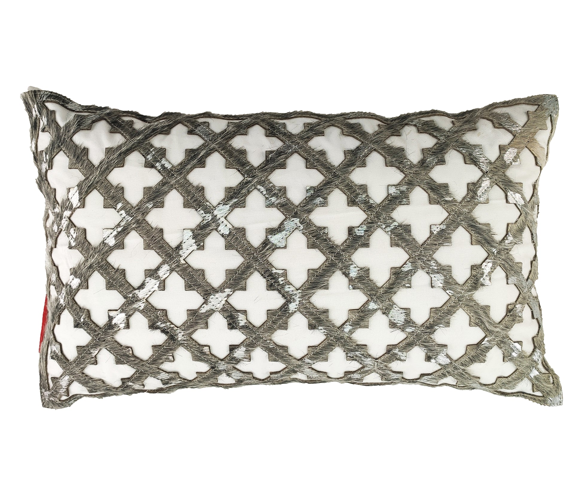 The RAMSHA HOME Leather Cushion CS-103 is a rectangular decorative pillow featuring a white background with a dark gray geometric lattice and cross-shaped cutouts—a stylish, comfortable home decor accent for any space.
