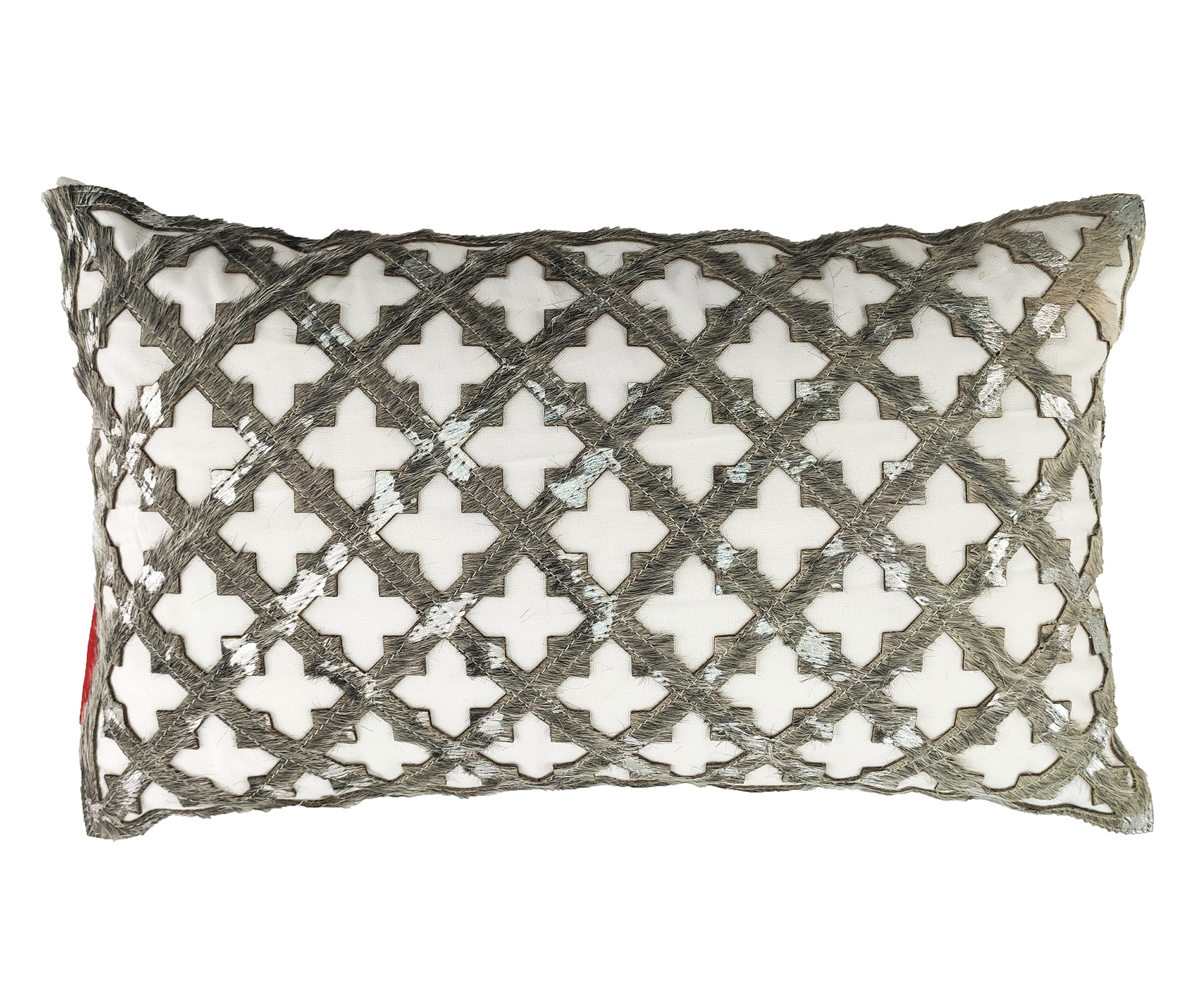 The RAMSHA HOME Leather Cushion CS-103 is a rectangular decorative pillow featuring a white background with a dark gray geometric lattice and cross-shaped cutouts—a stylish, comfortable home decor accent for any space.