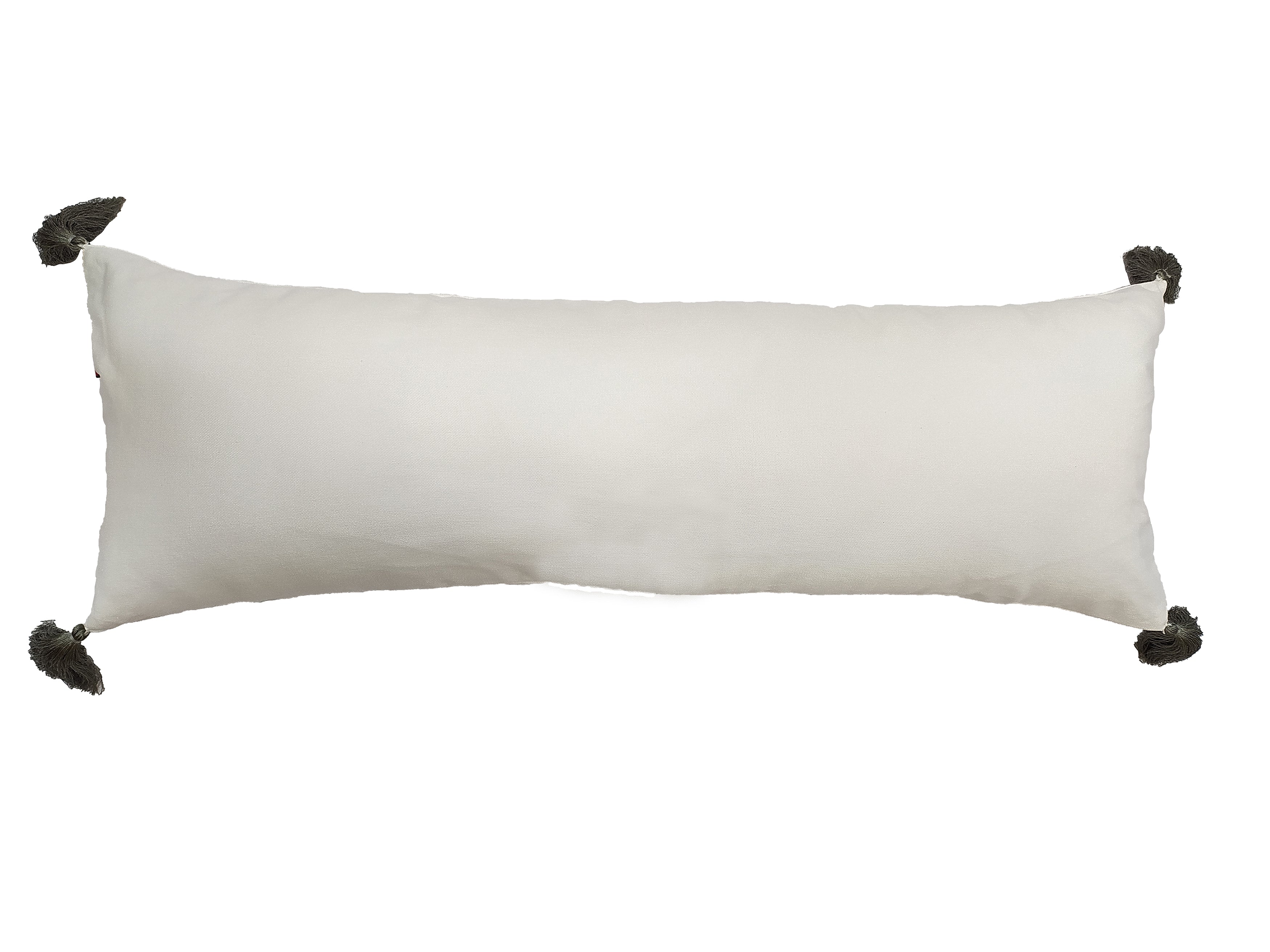The RAMSHA HOME CS-139 White & Grey Cushion is a modern rectangular polyester pillow, featuring black tassels on each corner, shown against a plain white background.