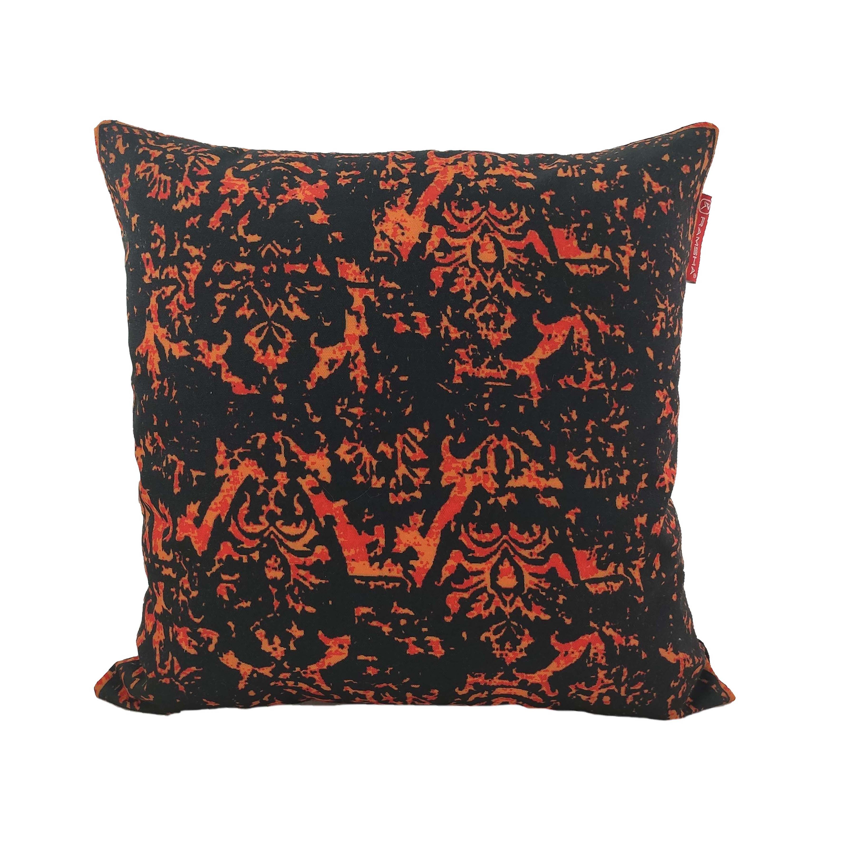 The RAMSHA HOME Digital Printed Cushion With Filler CS-090 features a square shape, black background, intricate orange and red damask pattern, plush look, and a small red side tag.
