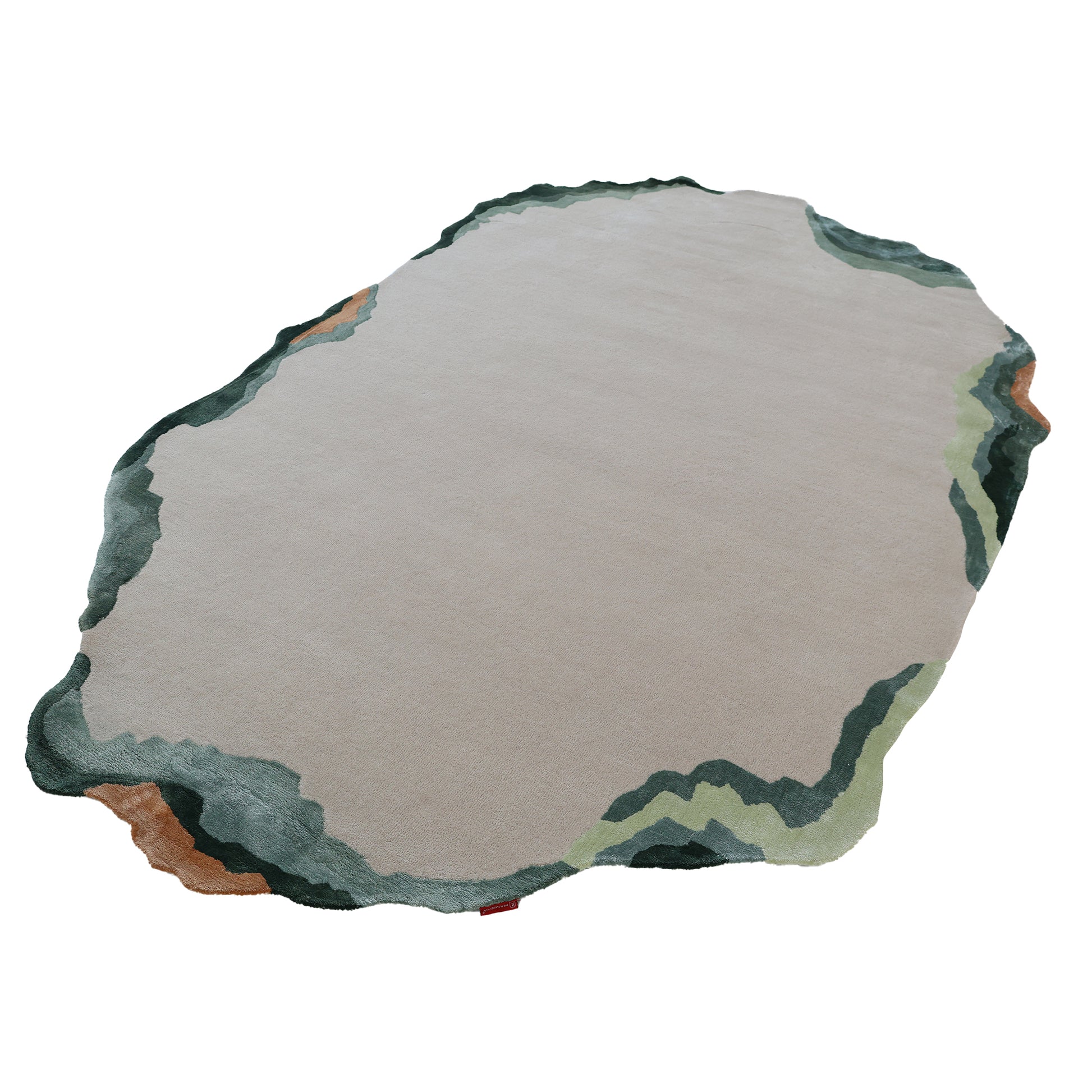 The Handmade Decorative Multi Color Rug HTWV-92 by RAMSHA HOME features a beige center with wavy green, blue, and brown borders, offering a modern, irregular design that adds a unique touch to any space.