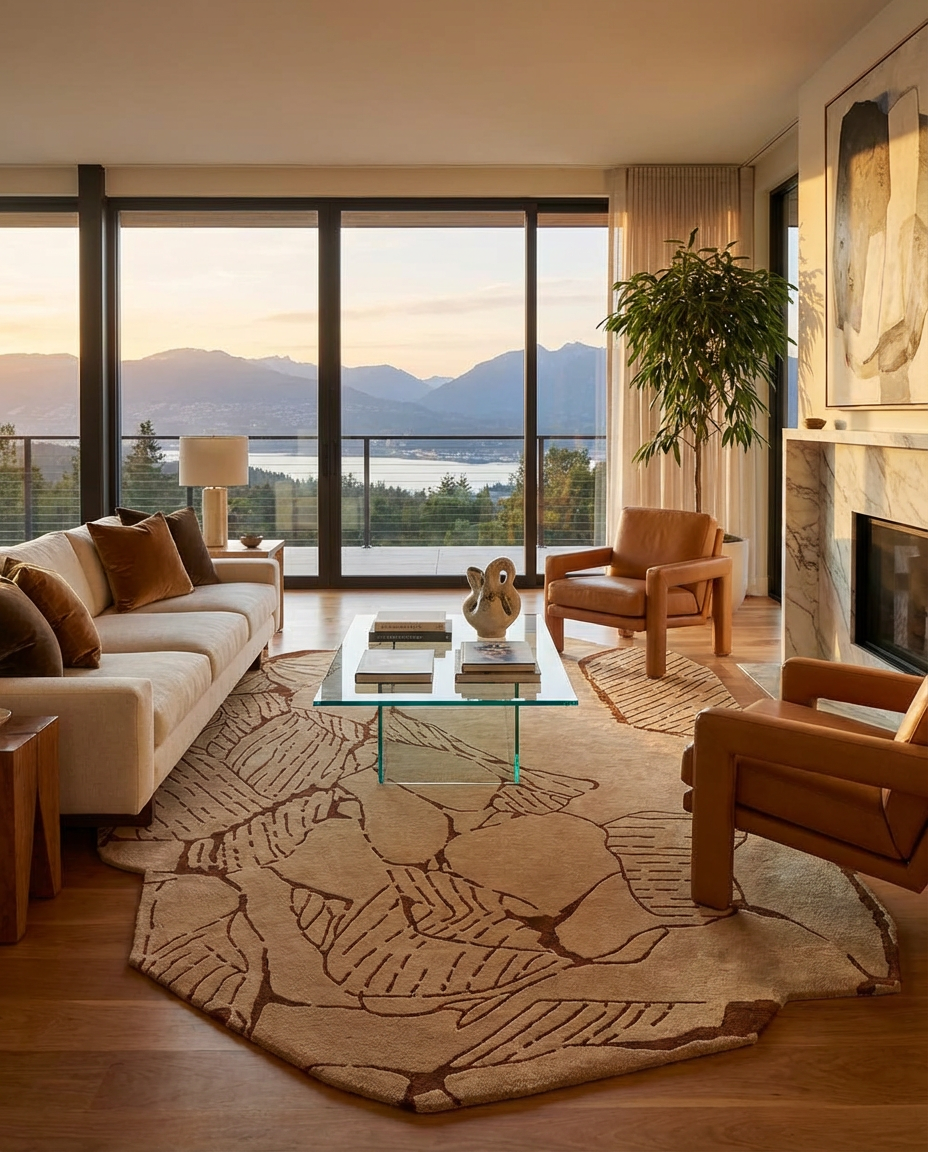 A modern living room with large windows showing a mountain and lake sunset, featuring a beige sofa, brown armchairs, glass coffee table, potted plant, and RAMSHA HOME Premium Off-White Area Carpet - HTW 42 (250x350 cm) as the centerpiece.