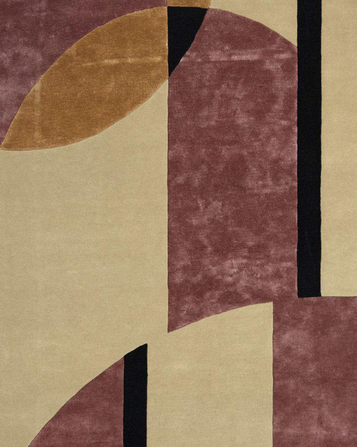 Introducing the RAMSHA HOME Multi Color Handmade Rug HTWV-20—a striking statement piece for contemporary interiors. This area rug showcases an abstract design of intersecting curved and straight lines with bold color blocks in tan, gold, burgundy, and black against a predominantly tan background. Modern geometric shapes enhance its visual appeal. Expertly crafted with a premium wool-viscose blend, this durable rug offers added texture and a luxurious finish to any space.