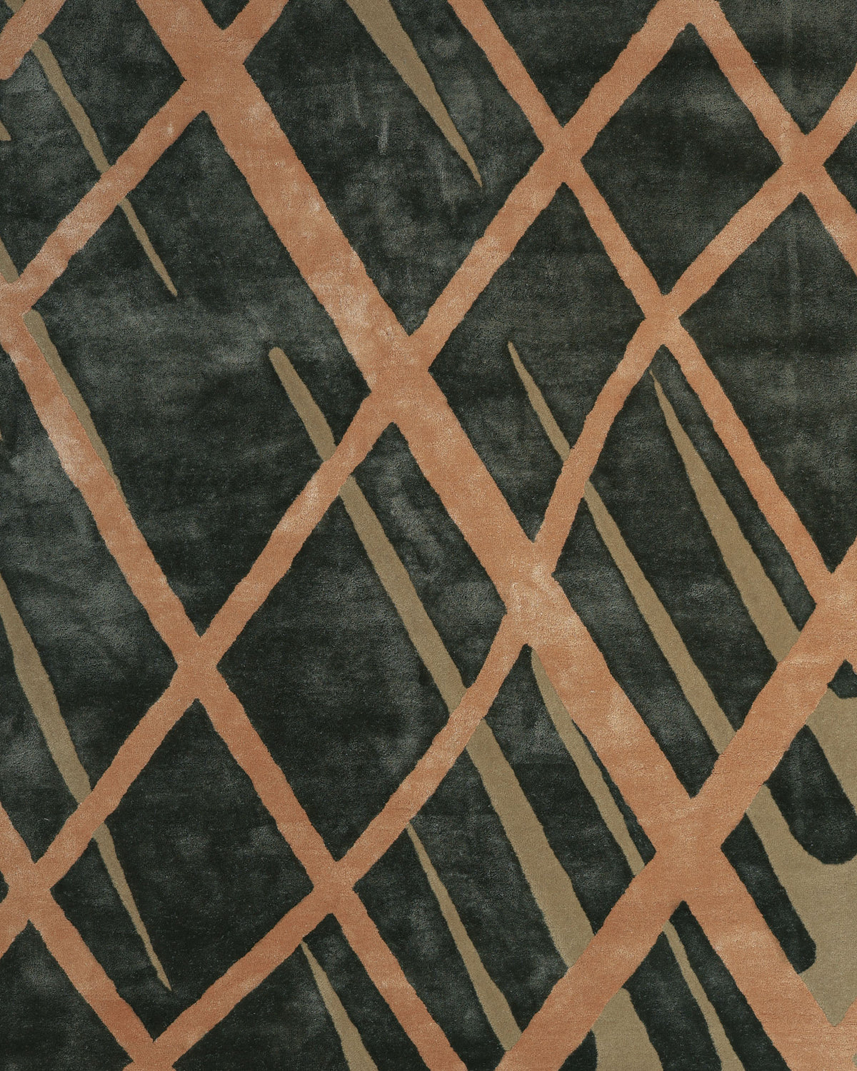 Featuring a geometric, lattice-like design with intersecting salmon-colored diagonal lines over a dark green and olive background, the Sage Green & Beige Contemporary Designer Rug 180x270 cm (HTWV 22) by RAMSHA HOME is perfect for adding modern abstract style to any space.