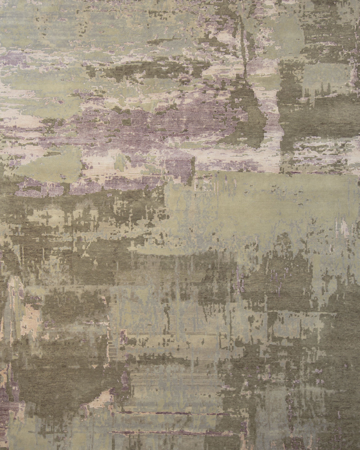 Discover the artistry of the RAMSHA HOME Hand knotted Living Room Rug - HKWV-03 (240x300 CM), featuring a painterly, weathered surface in muted green, brown, and lavender tones that blend and overlap in abstract harmony. Crafted from luxurious silk and wool, this rug’s textured appearance beautifully evokes the sophistication of a hand-knotted masterpiece.