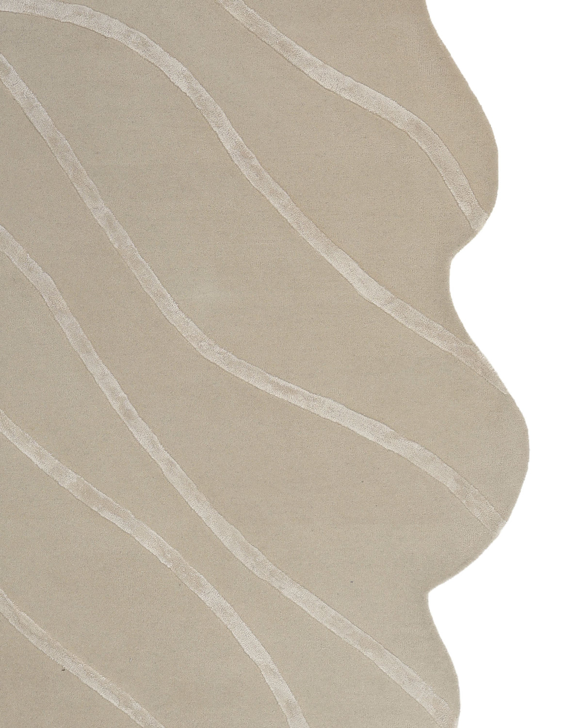 Introducing the Multi Color Handmade Area Rug - HTWV-136 (200x300 cm) by RAMSHA HOME: a hand tufted wool rug featuring abstract beige wavy patterns with scalloped edges and soft, curved lighter beige lines. Its textured surface creates a subtle organic design, offering an inviting modern look for your space.