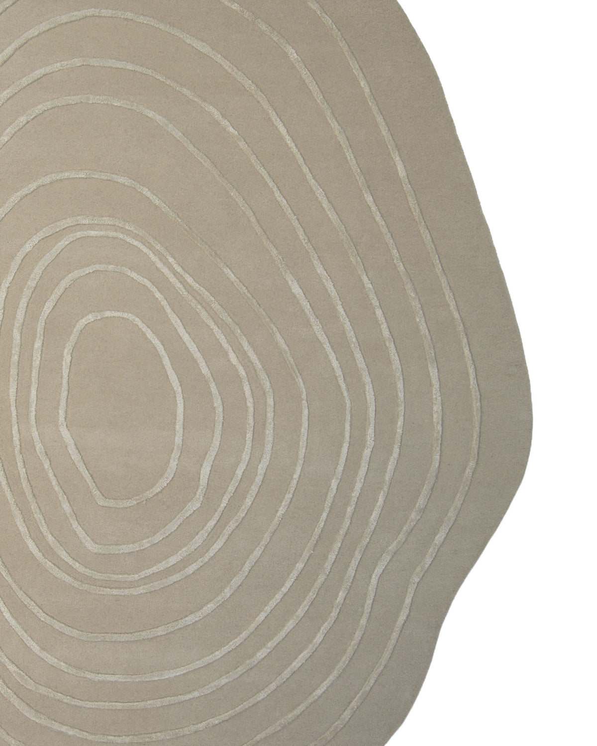 Luxurious Off-White Wool & Tencel Handmade Area Rug (HTWV 110, 200x300cm) by RAMSHA HOME, featuring asymmetrical neutral tones with irregular, concentric oval line patterns reminiscent of tree rings, displayed on a white background.