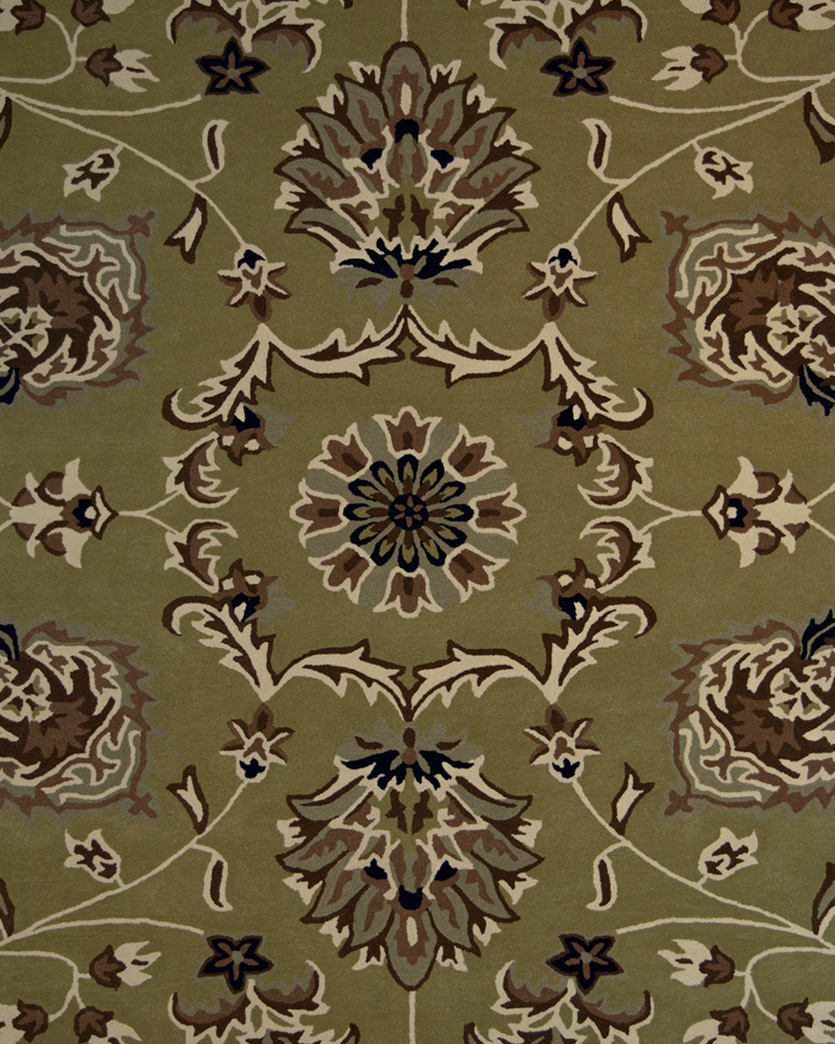 The RAMSHA HOME Home Decor Multi Color Handmade Rug - HTW 10 (200x300 cm) showcases symmetrical floral and leaf motifs in beige, brown, blue, and green on an elegant olive green background.