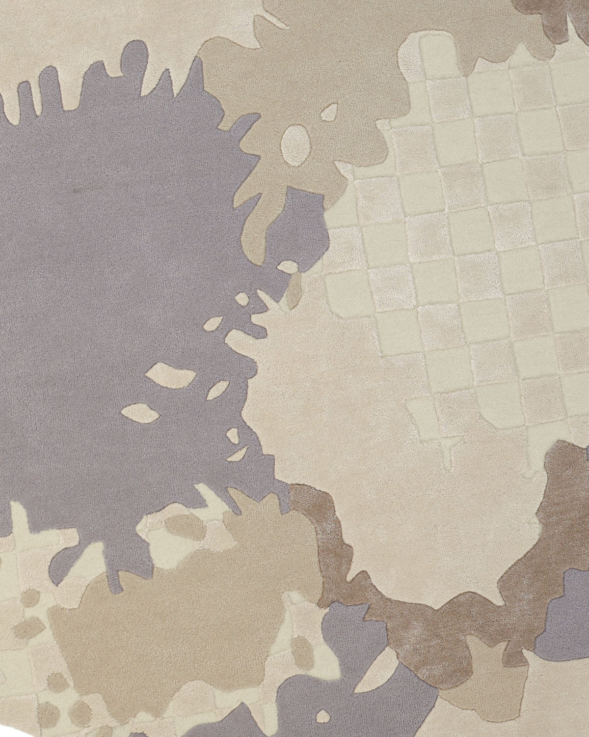 The RAMSHA HOME Abstract Shaped Handmade Area Rug – HTWV 174 (200x300 cm) features a modern design in beige, gray, and taupe with irregular shapes and patterns, including grid-like squares intermixed with organic, overlapping blob forms.