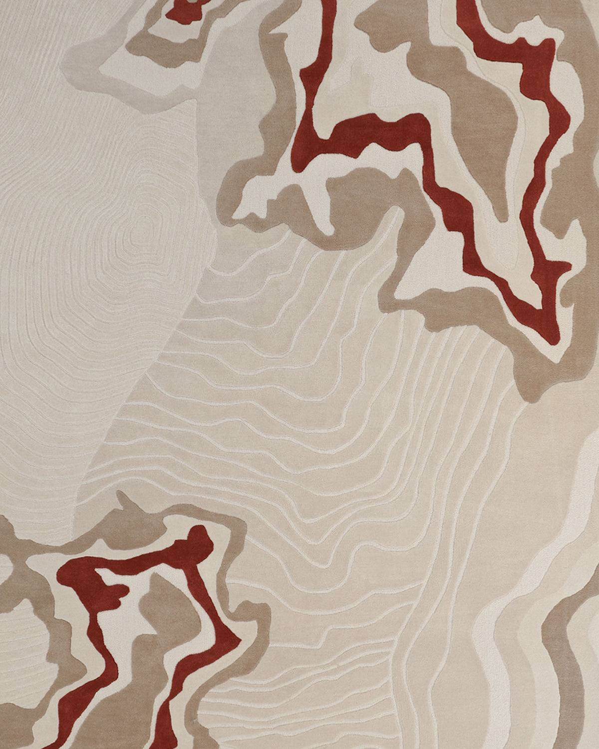 Crafted by RAMSHA HOME, the Modern Handmade Carpet 300x400 Multi – HTW-120 features an abstract pattern reminiscent of a topographic map, with wavy beige, light brown, and white lines punctuated by bold, irregular red shapes on a neutral background. Expertly hand-tufted from wool, this modern rug adds both visual intrigue and soft texture to any space.