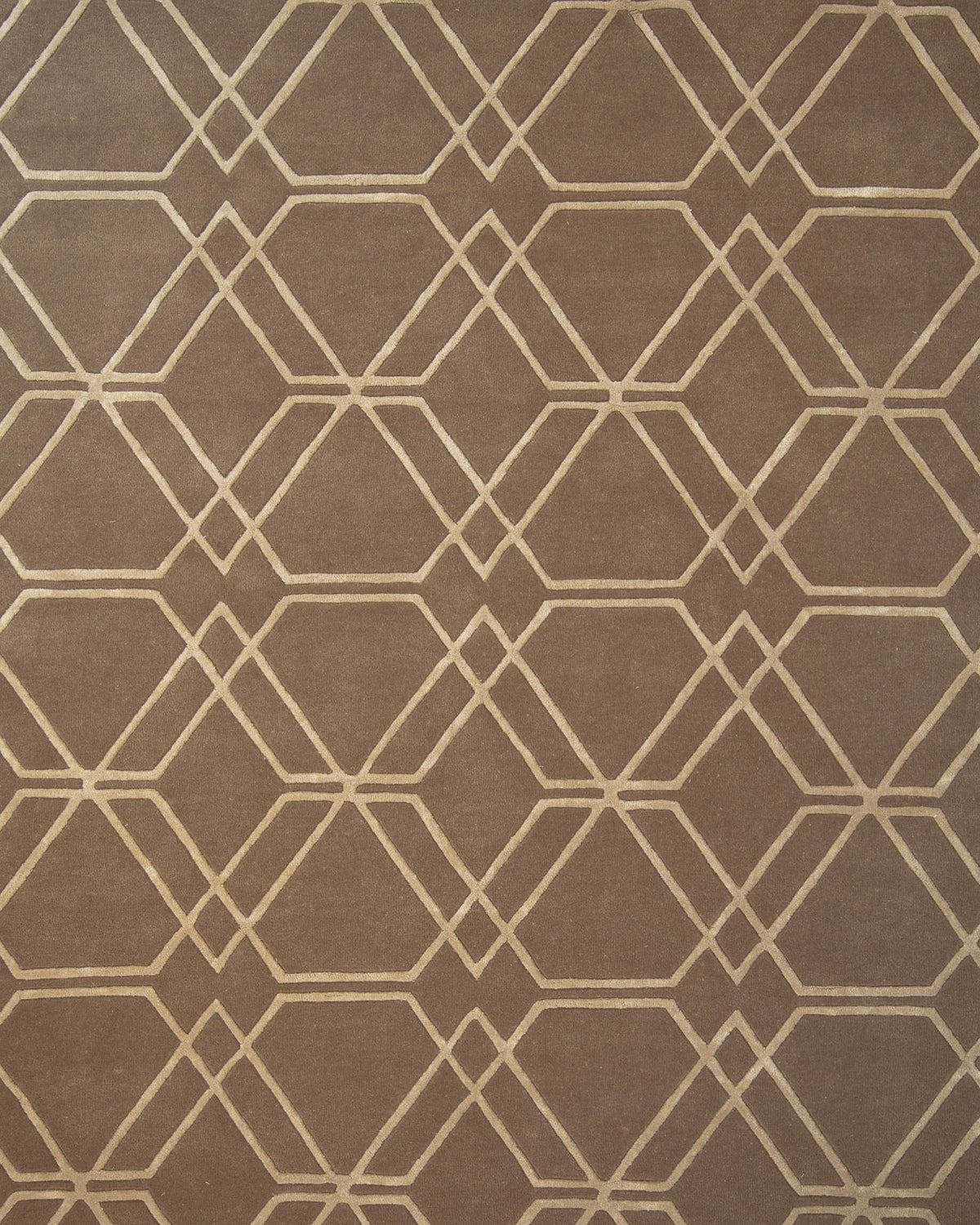 The RAMSHA HOME Stunning Multi Color Hand-Tufted Rug HTWV 21 features a brown background with a repeating geometric pattern of interlocking gold hexagons and diamonds. This area rug boasts a symmetrical, evenly spaced design that adds a modern, stylish touch to any space.