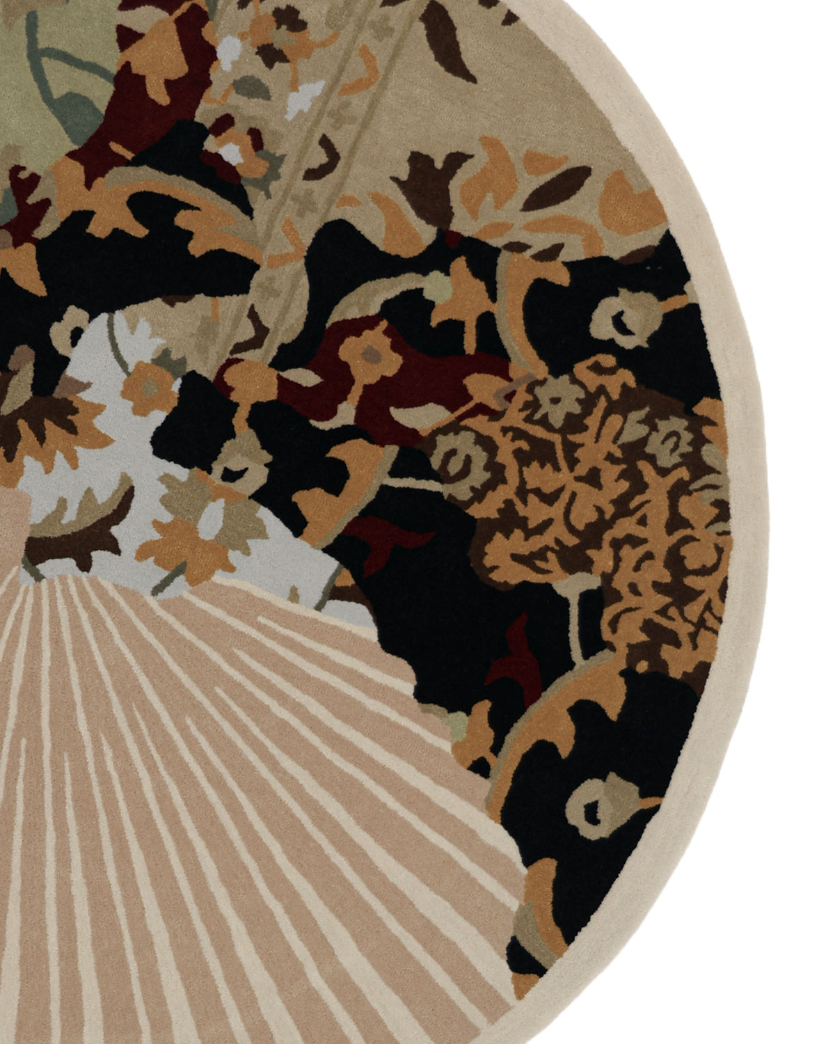 A close-up of the RAMSHA HOME Round Multi Area Rug 200 cm (model HTW-73), a hand-tufted living room rug featuring abstract floral patterns in black, brown, beige, and rust tones with a section of beige stripes set against a white background. This artisanal piece highlights superior craftsmanship and brings an elegant touch to any space.