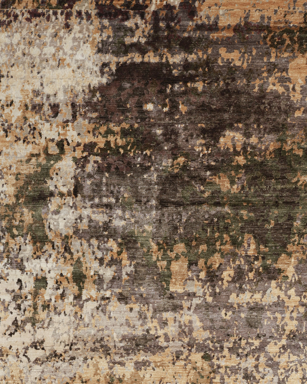 A close-up of the Hand Knotted Abstract Vintage-Inspired Bamboo Silk Rug KNTC 22-200x300 CM from RAMSHA HOME highlights its intricate hand-knotted texture, featuring a blend of beige, brown, green, and gray tones reminiscent of a weathered or camo-like abstract pattern.
