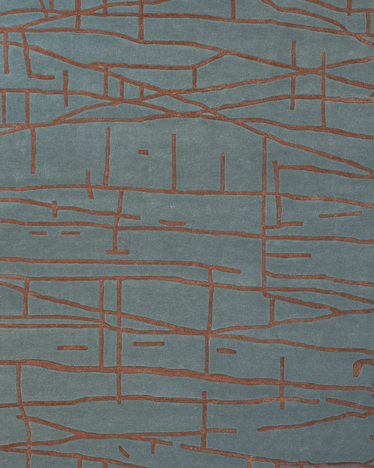 Introducing the Abstract Rust Line Grid Teal Rug – HTWV-31 (180x270 CM) from RAMSHA HOME, featuring thin, irregular rust-colored lines intersecting across a muted teal background to form a modern, geometric grid pattern reminiscent of contemporary hand-tufted wool and viscose rugs.