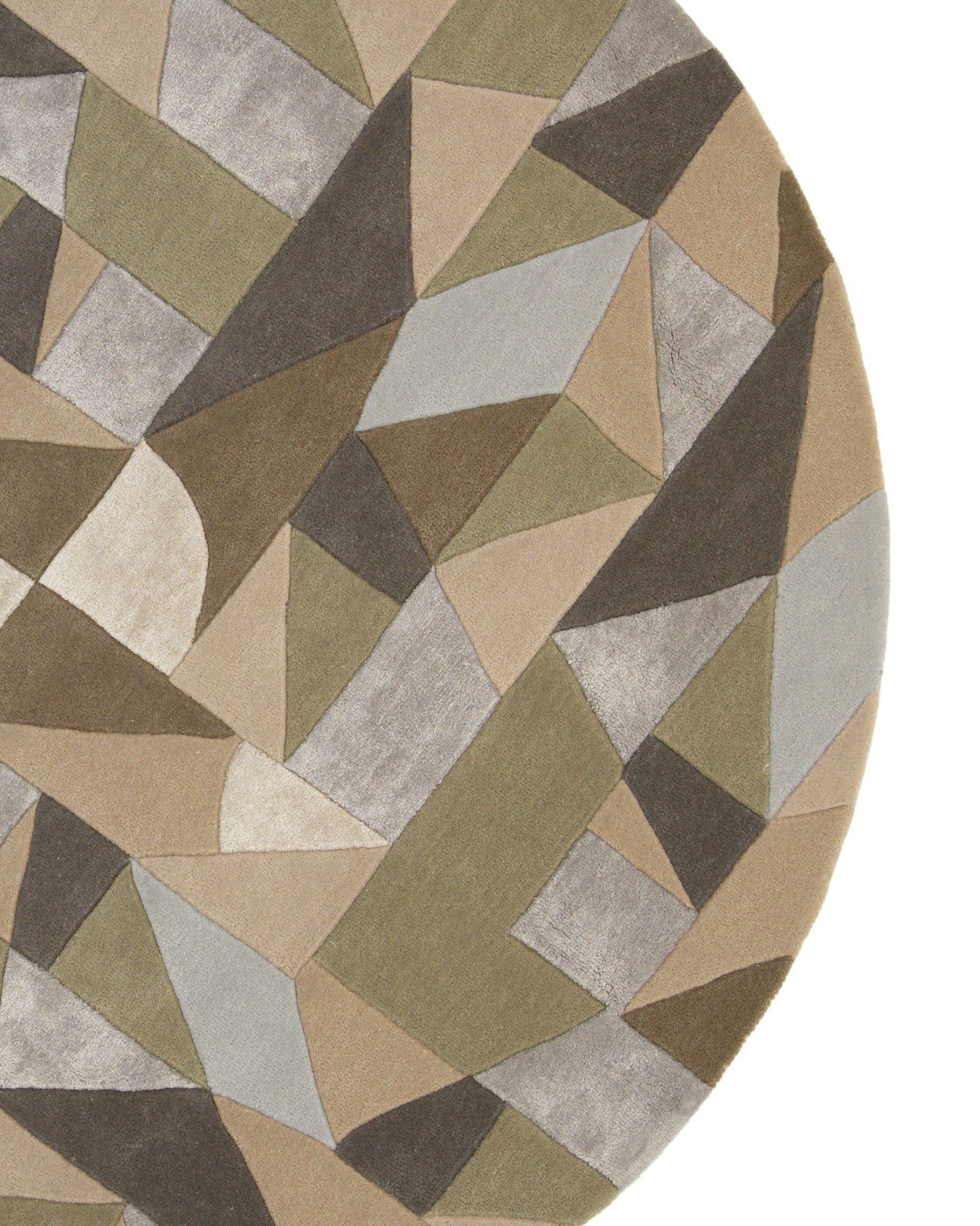 Introducing the Handmade Round Carpet For Home Decor 200 CM HTWV-47 from RAMSHA HOME. This geometric round rug showcases an abstract pattern with overlapping shapes in muted earth tones such as beige, brown, olive green, and gray. Hand tufted for superior quality, it offers a modern accent to any room while providing a soft and cozy texture underfoot.