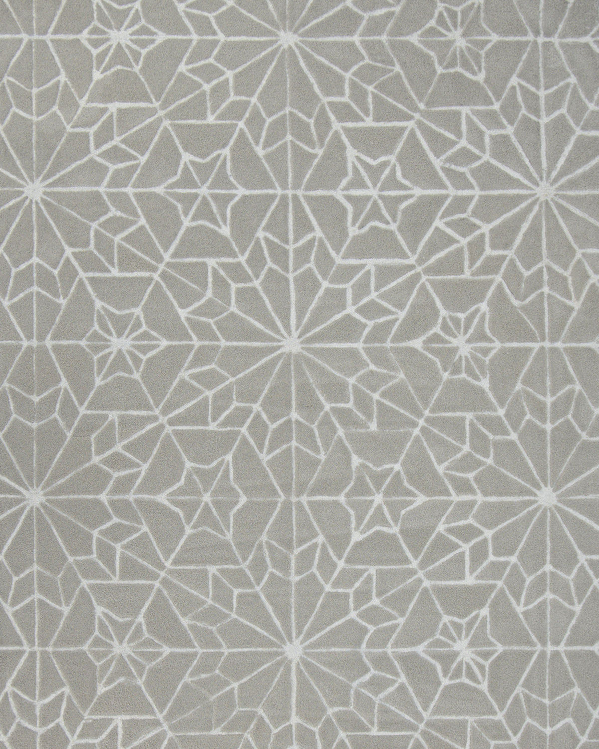 Introducing the Modern Rectangle Area Rug Multi Color HTP-18 by RAMSHA HOME, featuring a symmetrical and repetitive geometric Islamic tile pattern. Interlocking white lines create intricate stars and polygons on a light grey background, resulting in a visually striking effect. This sophisticated rug is the perfect addition to elevate any contemporary space.