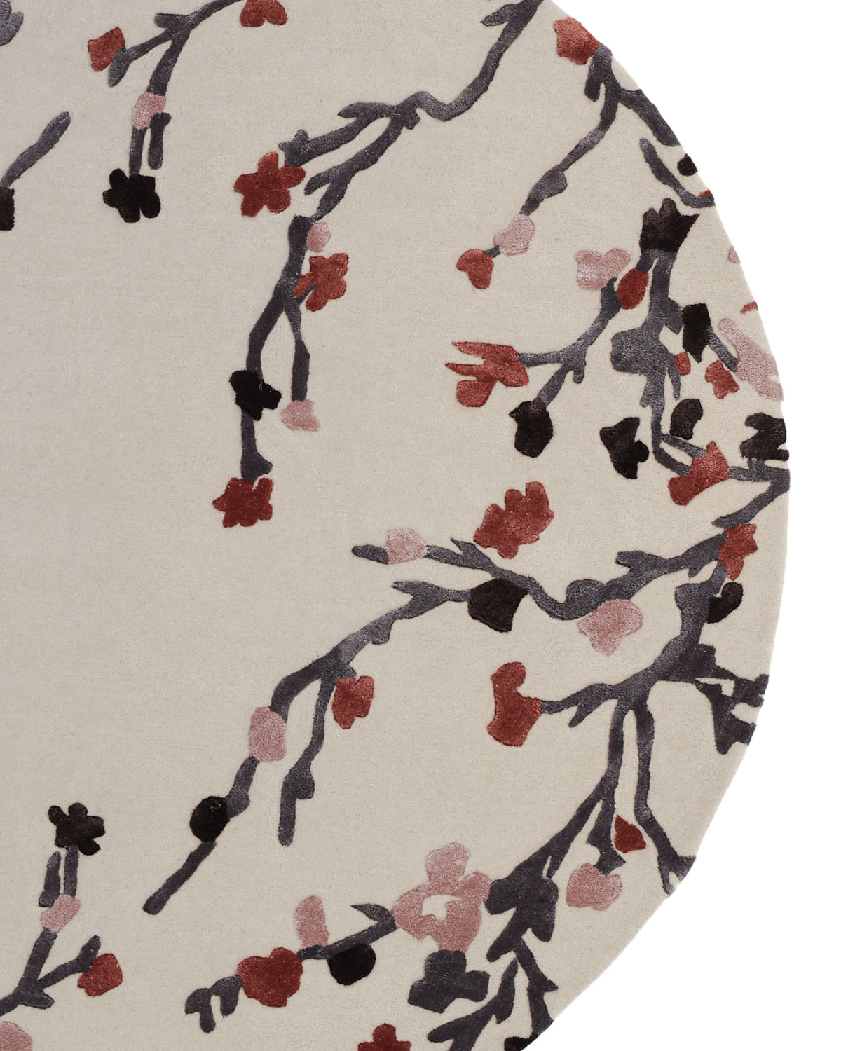 Introducing the RAMSHA HOME Multi Color Handmade Area Rug HTWV-119—this round hand-tufted wool rug showcases a cream background adorned with abstract branches and floral patterns in black, dark brown, muted pink, and rust hues. A stunning decorative area rug that brings artistic elegance to any space.