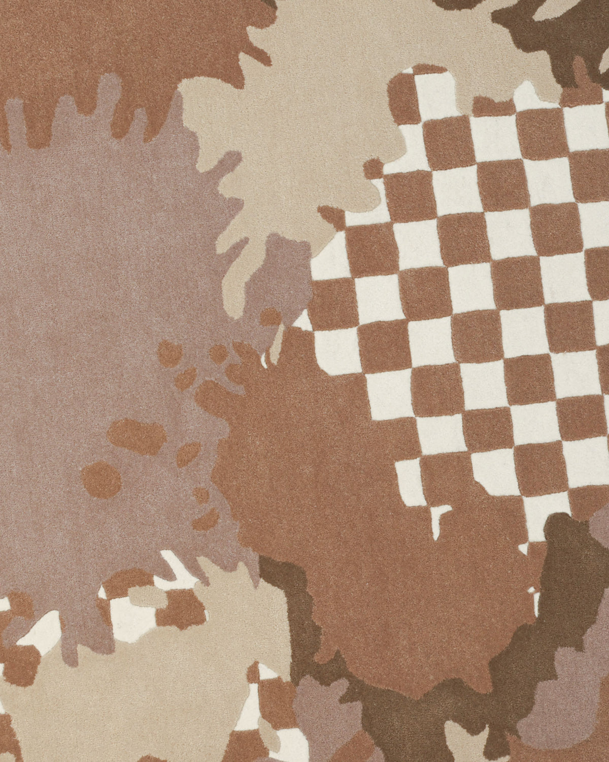 Experience the unique charm of the Handmade Multicolor Area Bespoke Rug HTW 128 (200cm) by RAMSHA HOME, featuring an abstract pattern with brown, beige, and tan paint splatters alongside a white and brown checkerboard section on a textured surface. This artisan-crafted hand-tufted rug captures the dynamic allure often found in irregularly shaped rugs, making it a standout piece for any décor.