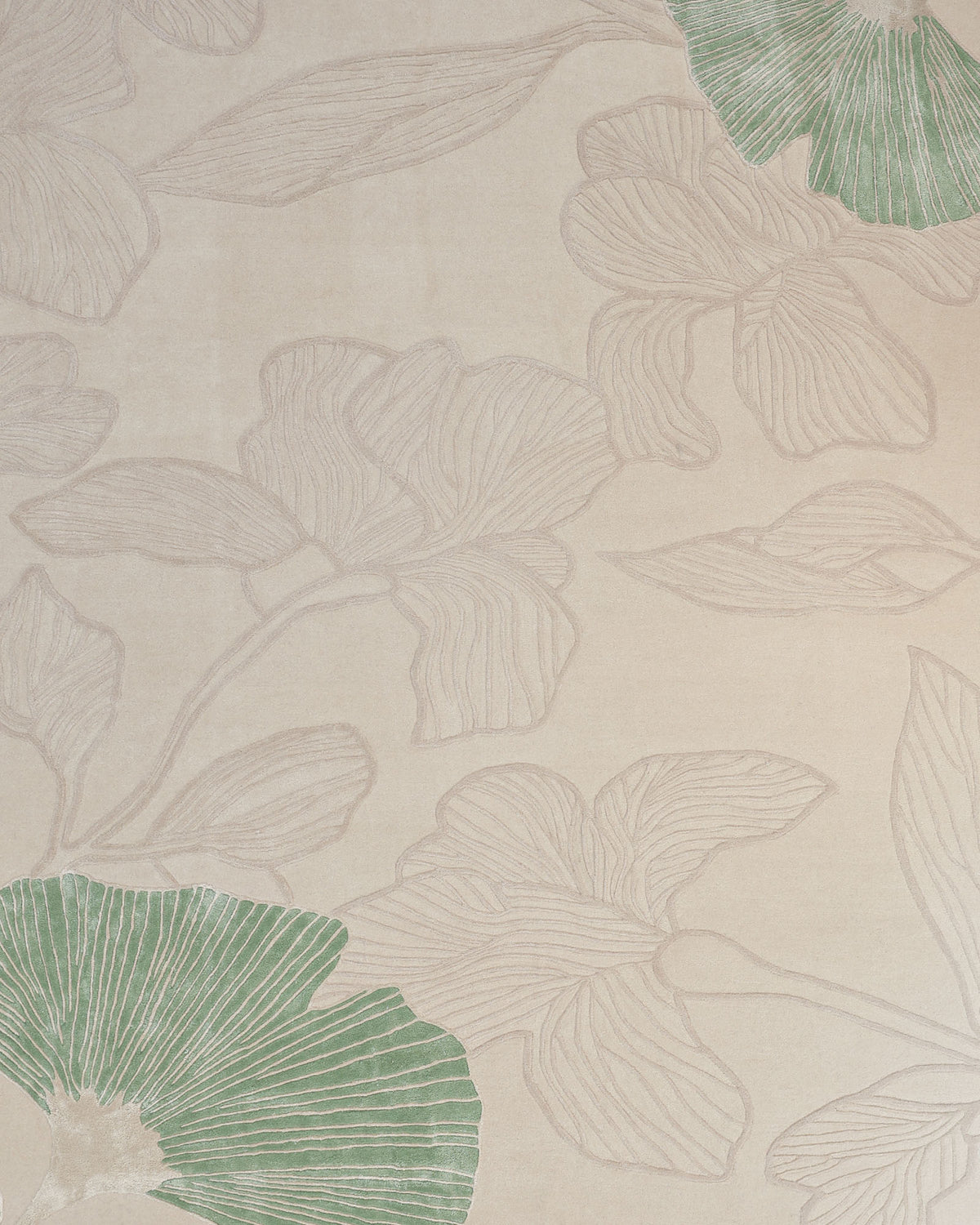 Featuring a beige background adorned with large, outlined floral patterns in light brown and two green, textured leaves or petals in the corners, the RAMSHA HOME Floral Handmade Rectangle Rug HTWV-189 evokes artisanal charm. Its intricate details and inviting palette pay homage to classic rug-making techniques.