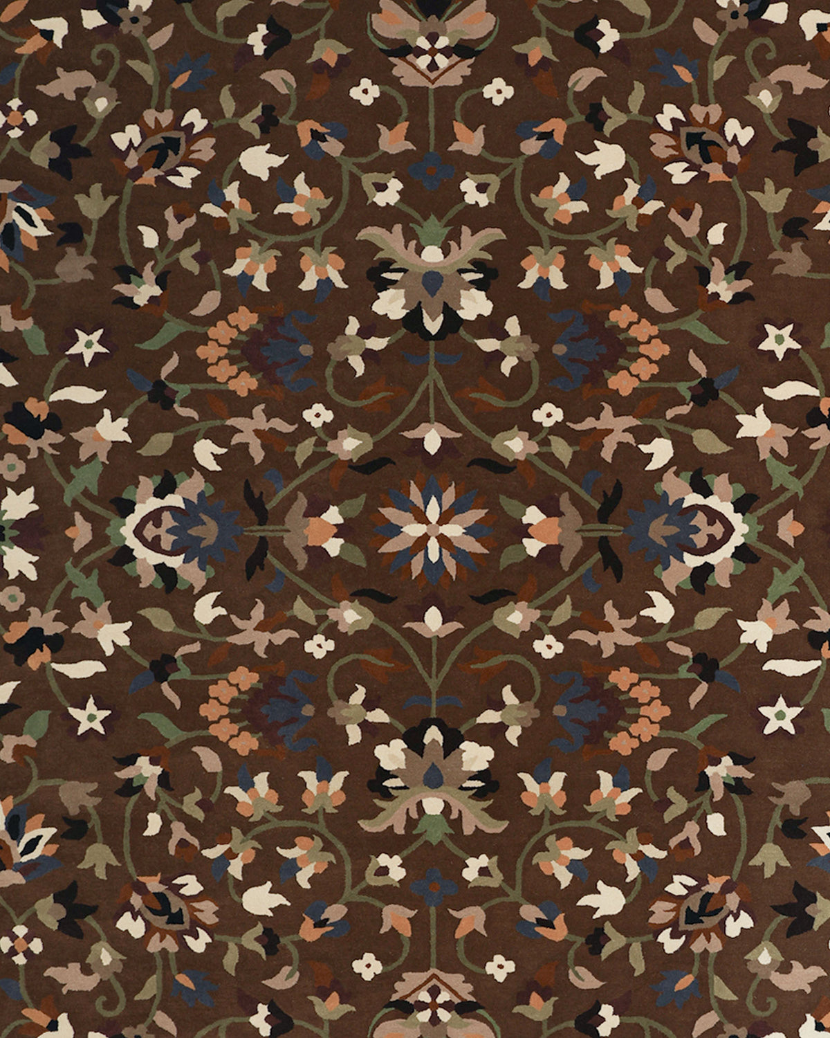 The Wool & Cotton Hand Tufted Rug HTW-07 by RAMSHA HOME is a Persian-style rug in rich brown, showcasing symmetrical floral and vine motifs in blue, cream, green, and rust shades set against a dark background.