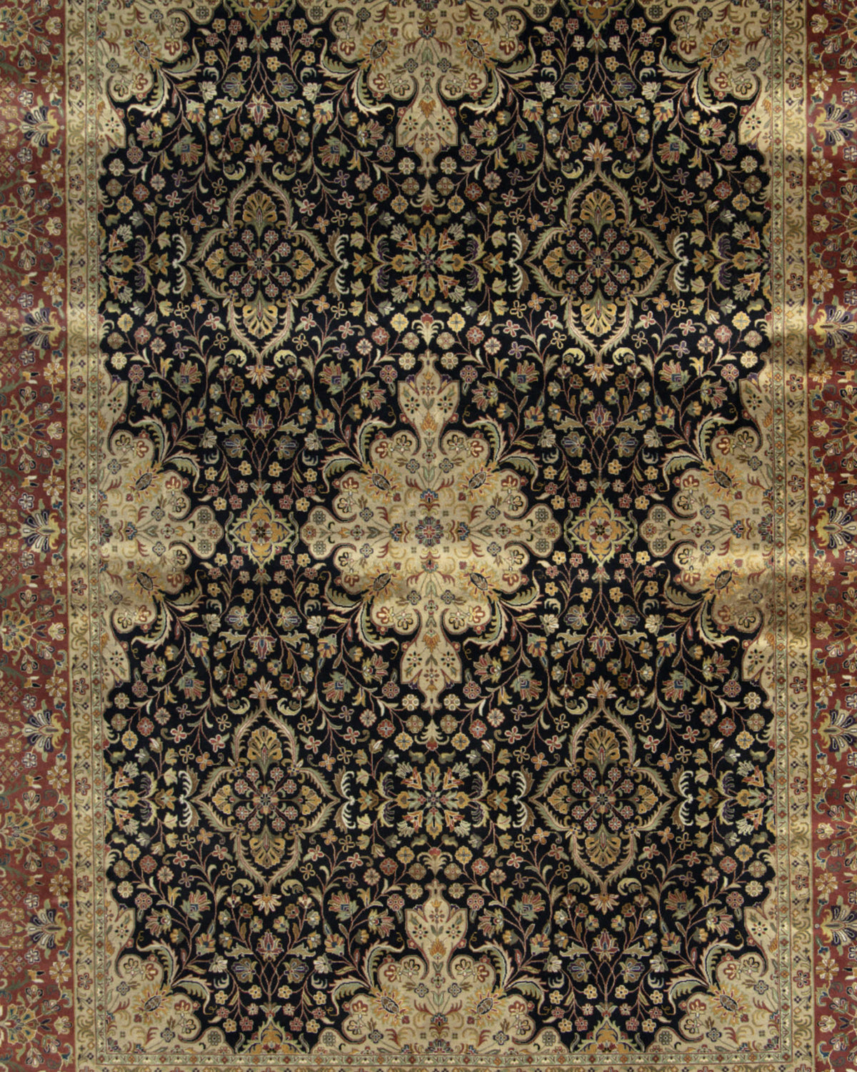 Discover the RAMSHA HOME Persian Design Area Rug - HKW-06: a hand-knotted masterpiece featuring a rich dark background, intricate gold floral patterns, and a striking red patterned border. The symmetrical design with repeated motifs and detailed weaving makes this traditional rug an elegant addition to any room.
