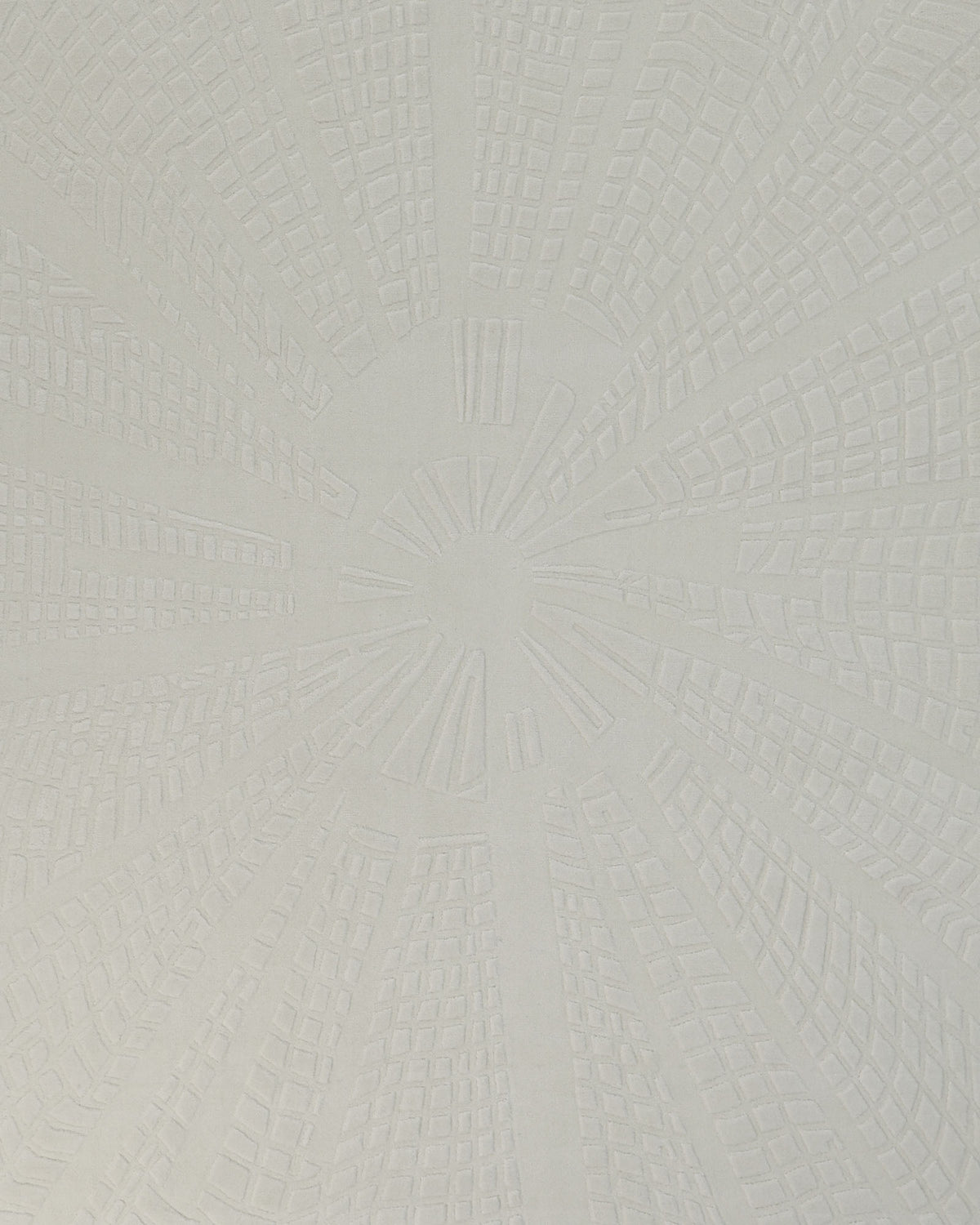 Handmade Decorative Area Rug - LKH-019 (200x300 cm) by RAMSHA HOME: This elegant ivory rug features a textured wool surface with a sunburst-inspired radial geometric pattern, showcasing raised rectangular segments arranged symmetrically from the center outward—perfect for brightening any space.
