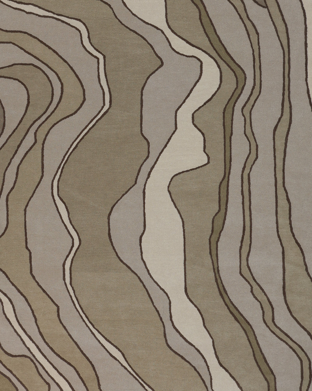 The Beautiful Home Decor Handmade Carpet – HTW-66 by RAMSHA HOME features an abstract pattern reminiscent of topographic map lines in shades of beige, brown, and gray, creating a wavy, layered effect across the entire surface—bringing artistic flair and sophistication to any space.