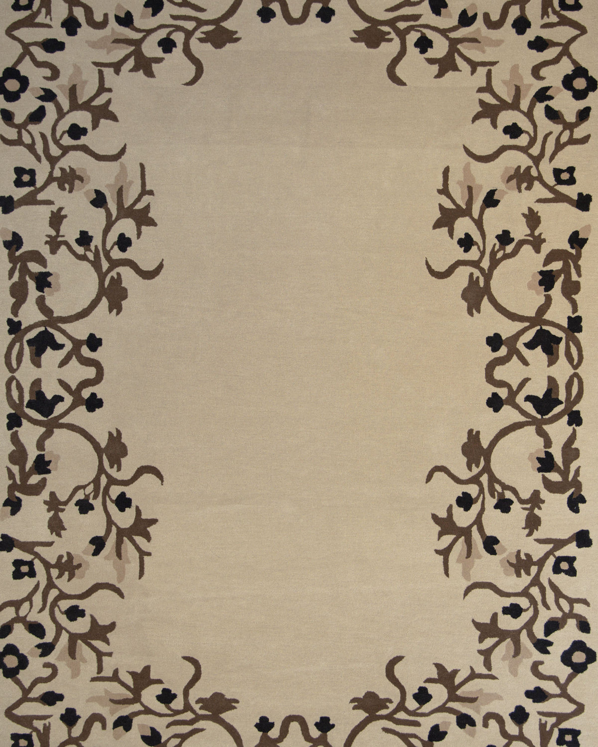 Introducing the RAMSHA HOME Traditional Home Decor Handmade Carpet – HTW-34: This beige wool rug showcases a classic rectangular border adorned with intricate brown vines and delicate black flowers, encircling a plain center. Hand tufted to perfection, it brings timeless elegance and traditional charm to any space.