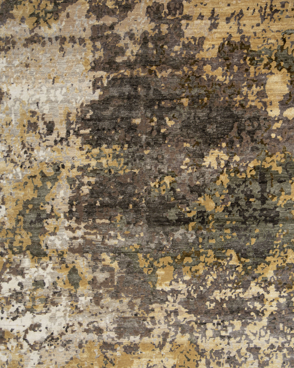 The RAMSHA HOME Bamboo Silk & Cotton Carpet HKWB-014 features an abstract pattern hand-knotted in mottled shades of brown, gray, gold, and beige. Its textured, organic look—reminiscent of natural stone or camouflage—showcases artisanal craftsmanship and a contemporary palette, making it a stunning statement piece for any space.