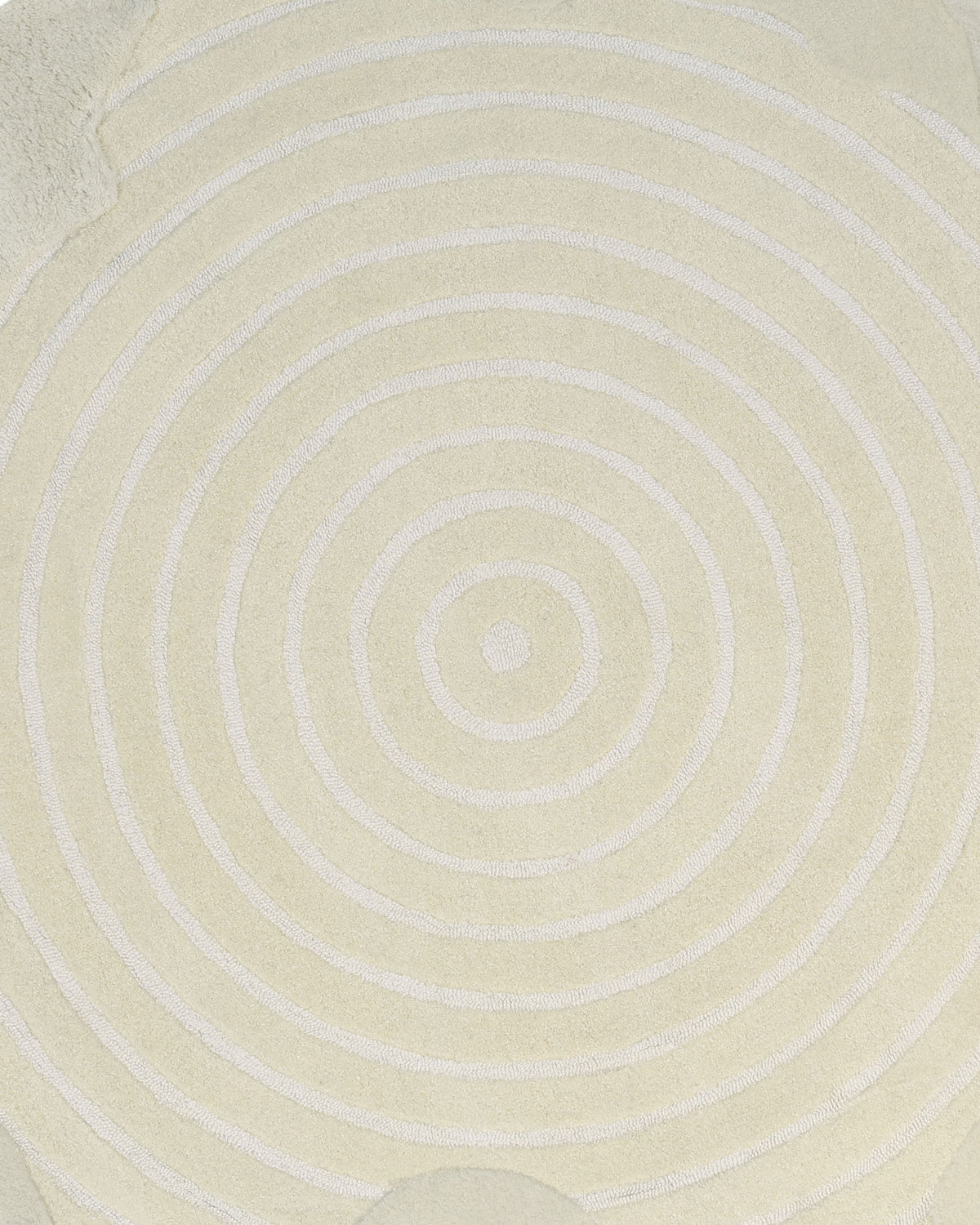 Featuring a series of concentric white circles set against a light beige textured backdrop, the RAMSHA HOME Natural White Color Handmade Area Rug (HTWV-138, 183 x 200 cm) showcases a minimalist, abstract design reminiscent of elegant hand-tufted craftsmanship.