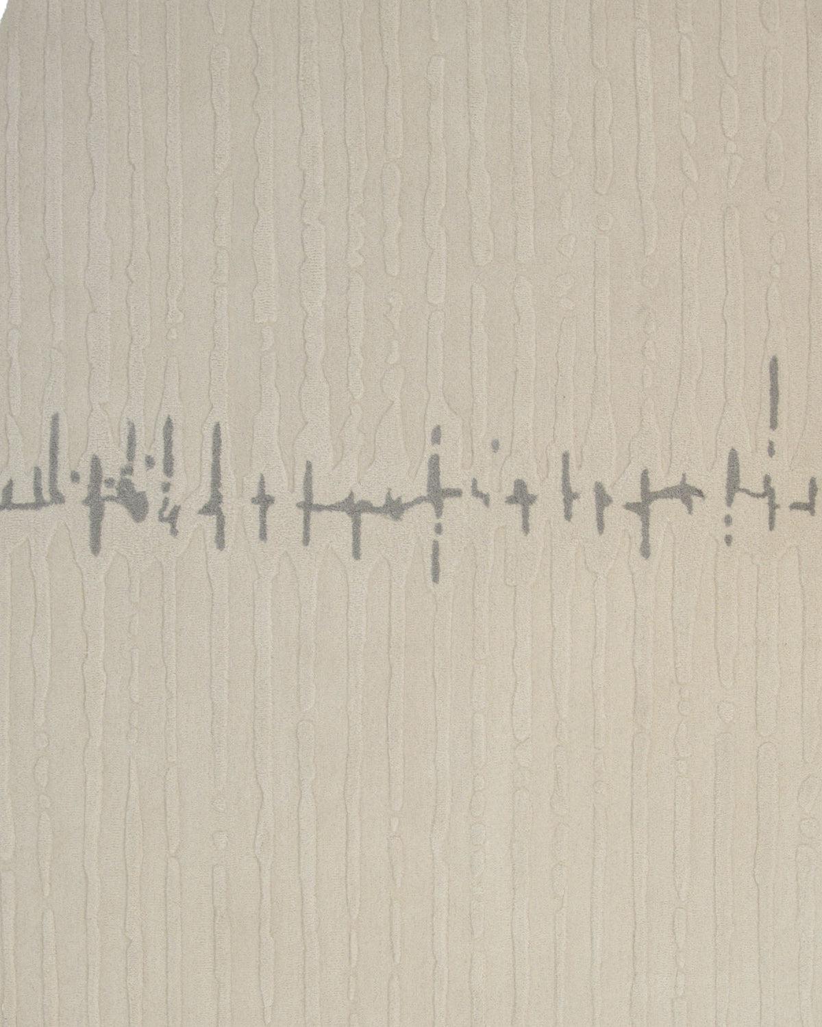 The Irregular Shape Handmade Rug HTW 108 by RAMSHA HOME features a beige textured surface with vertical streaks and a distinctive horizontal gray line across the middle, reminiscent of a stylized soundwave or heartbeat. Its irregular shape and modern neutral tones add contemporary flair to any space.