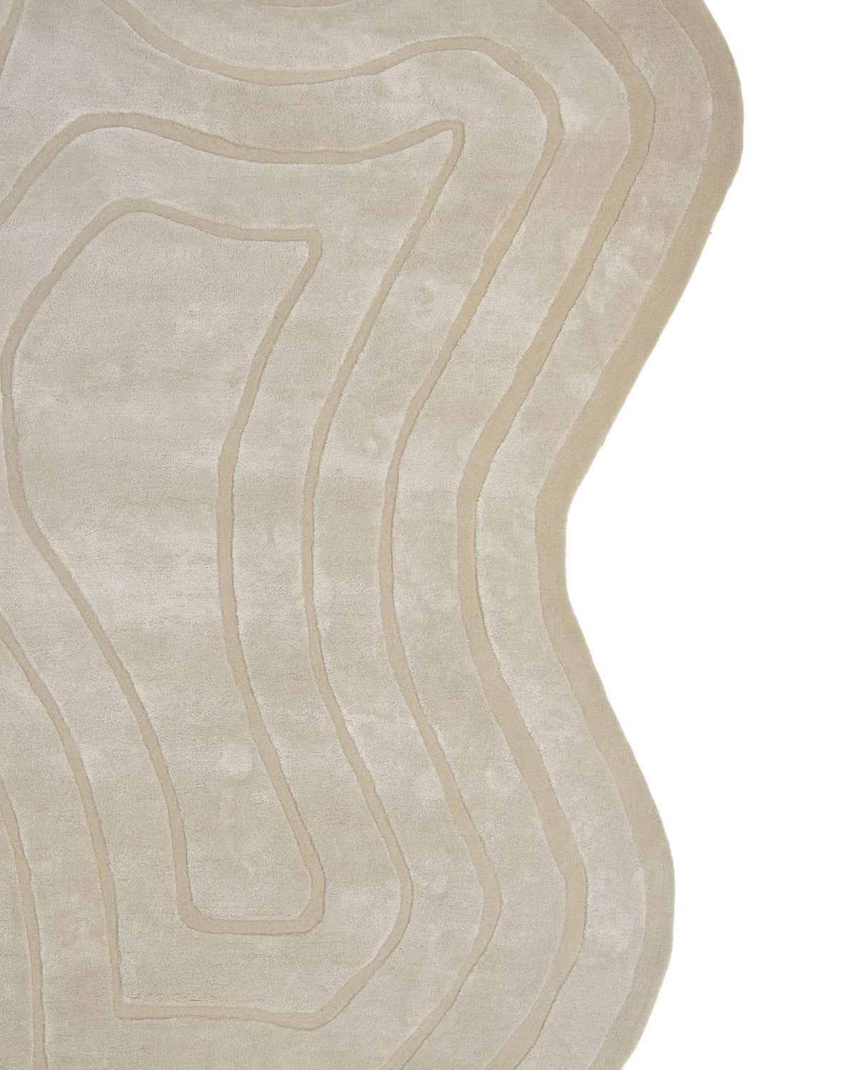 Introducing the Luxurious Off-White Hand-Tufted Rug - HTWV 111 (200x300cm) by RAMSHA HOME. This expertly hand-tufted rug features an abstract beige neutral contour with irregular, wavy edges and raised concentric lines, creating a flowing, organic pattern on a crisp off-white background. Designed to blend artistic craftsmanship with timeless elegance, it makes a stunning addition to any space.