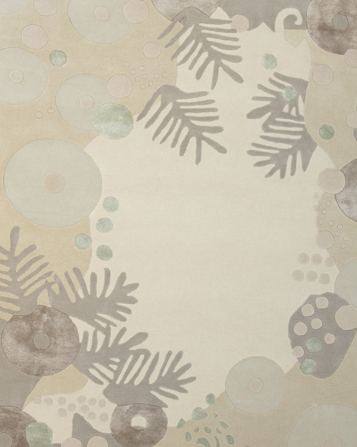 The RAMSHA HOME Organic Shaped Rug with Abstract Floral & Botanical design (200x300 cm – HTWV 212) features a handmade, nature-inspired pattern in beige and cream, with elegant organic shapes, circles, and dots in muted gray, brown, and green tones.