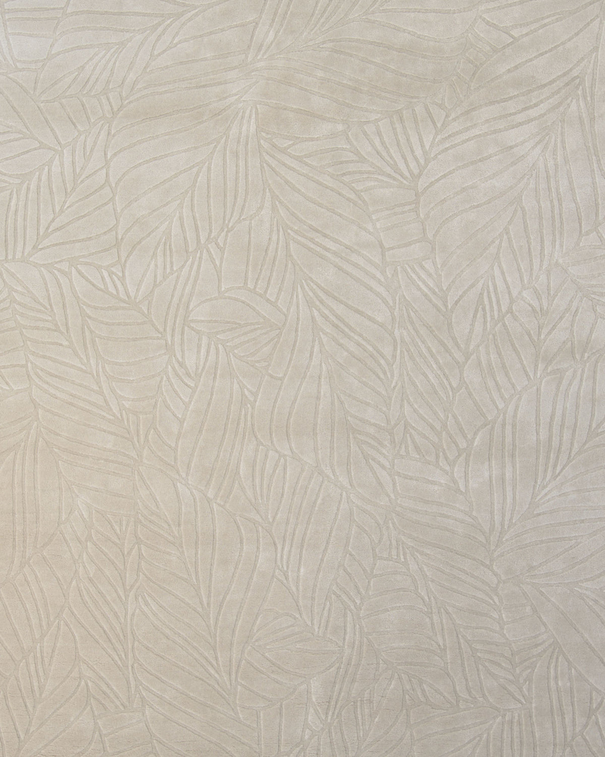 The textured wallpaper with a subtle leaf pattern in light beige tones, featuring overlapping stylized leaves for a soft and elegant look, beautifully complements the Rectangle Shape Beige Color Handmade Area Rug - HTV 25 (200x300 cm) by RAMSHA HOME, creating a harmonious and sophisticated interior.