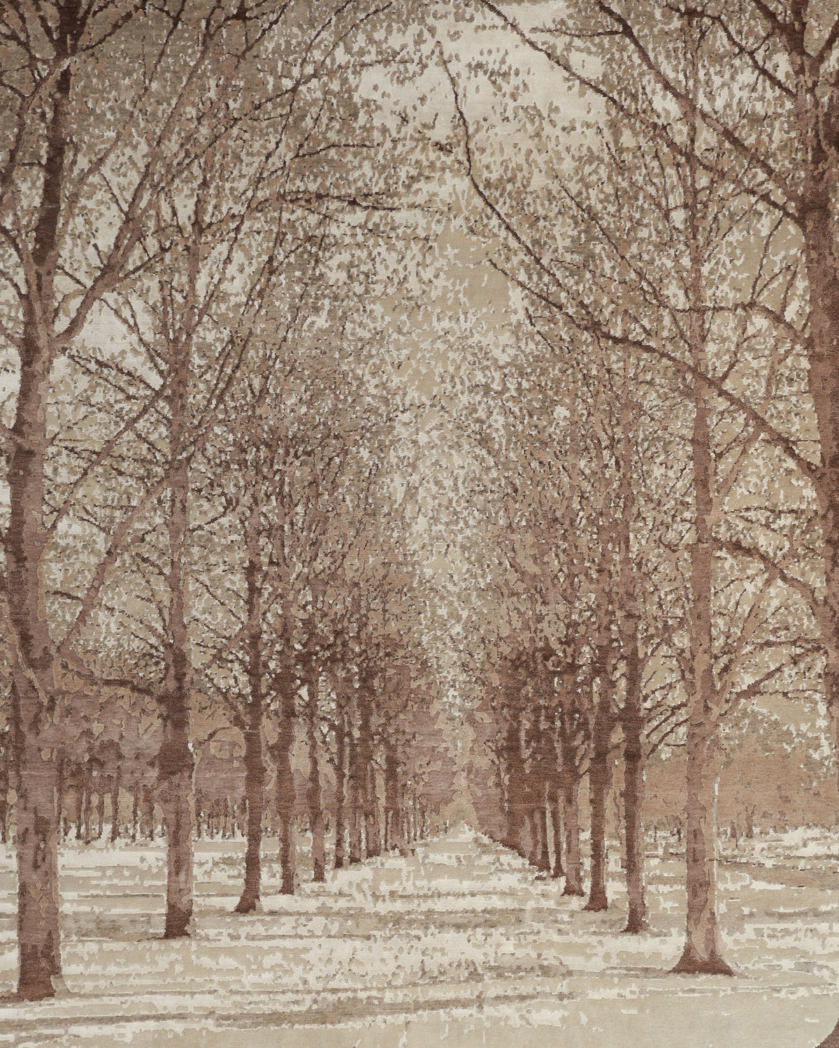 Beneath a cloudy sky, rows of leafless trees line a snow-covered path stretching into the distance, their sepia-toned elegance beautifully captured in the RAMSHA HOME Hand-Knotted Woodland Bamboo Silk & NZ Wool Rug HKWB-04 (240x300 CM), reminiscent of a tranquil winter landscape.