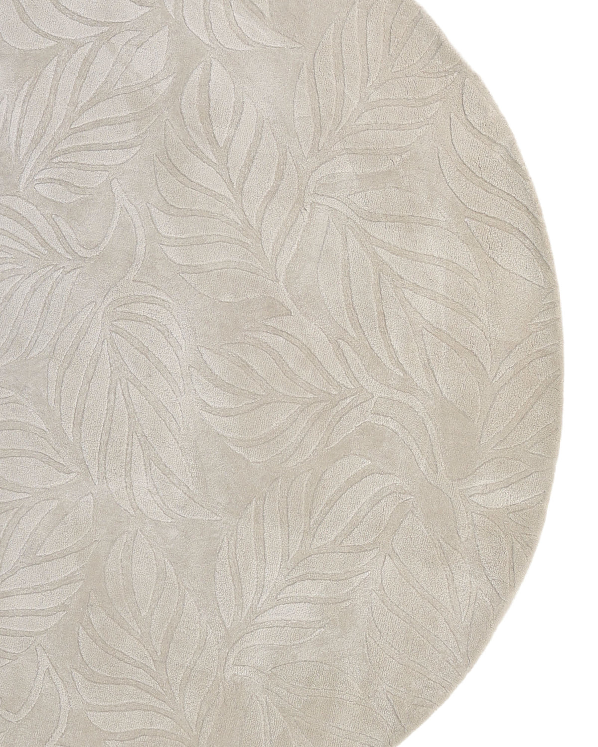 Introducing the Beige Color Indoor Handmade Area Rug - HTV 15 by RAMSHA HOME. This elegant, round area rug showcases a subtle raised leaf pattern woven into its surface. Hand-tufted for quality and style, the design features overlapping leaves that create a refined, textured look—perfect for complementing any space.