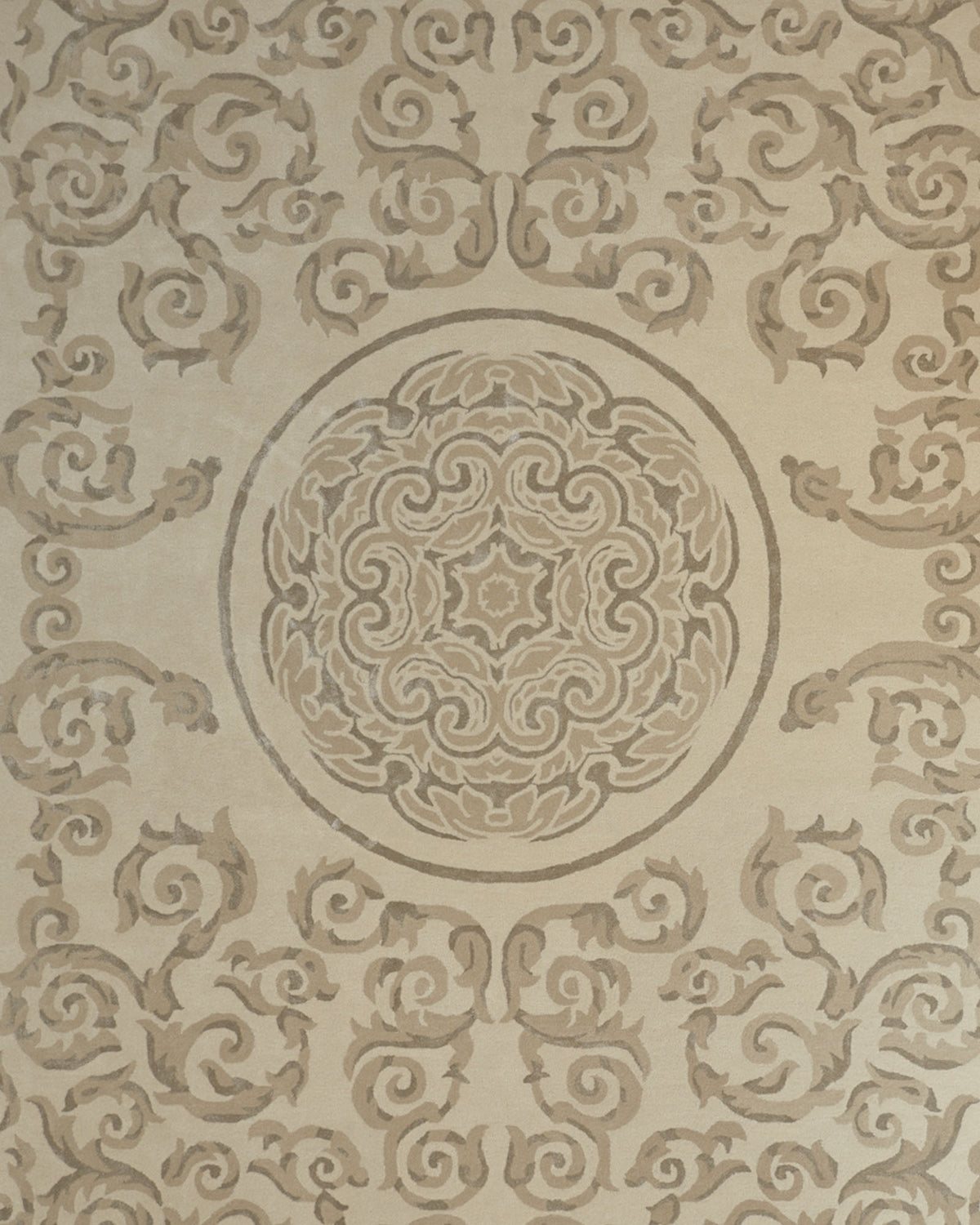 Introducing the Amazing Multi Color Modern Floor Rug - HTWV 57 (300x400cm) by RAMSHA HOME: a hand-tufted wool rug in beige and light brown tones, showcasing an ornate floral and swirl pattern with a prominent traditional medallion at the center and intricate repeating motifs throughout.
